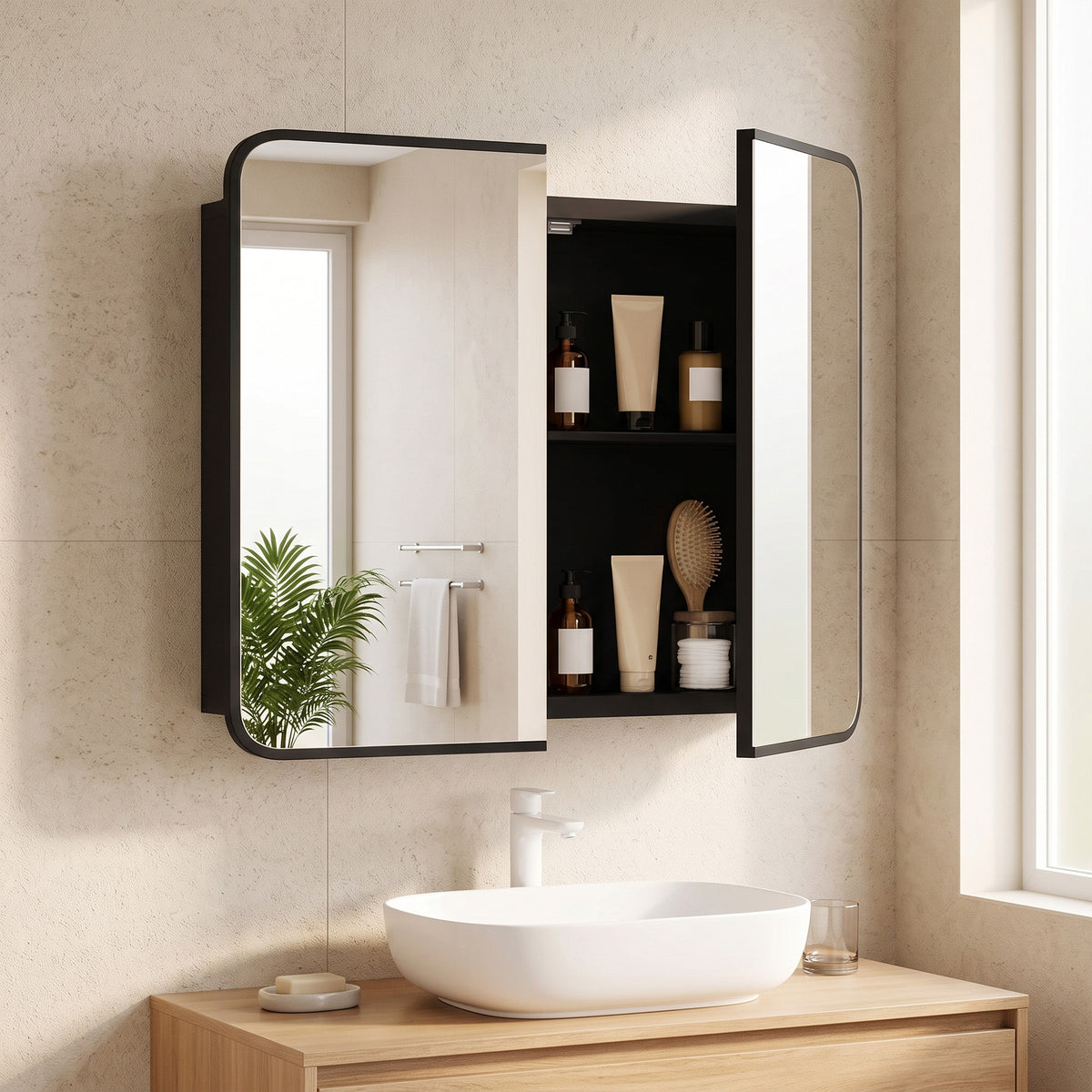 HOMCOM Black Wall Mounted Medicine Cabinet Mirror Storage Magnetic Doors