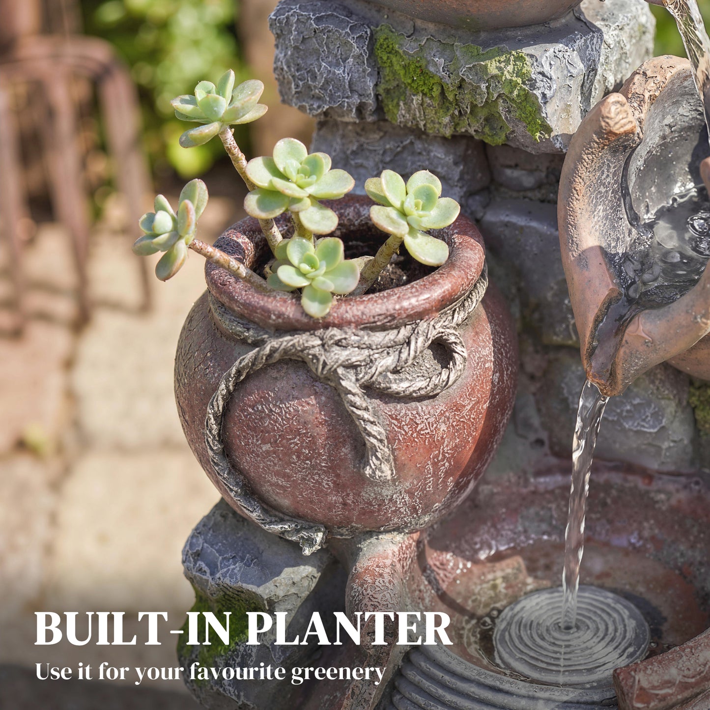 Outsunny 4-Tier Outdoor Fountain With Planter And LED Lights In Rustic Brown Garden Decor