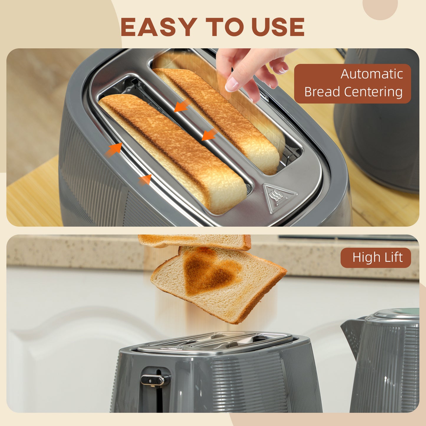 HOMCOM Grey Kettle And Toaster Set 1.7L 3000W Fast Boil Kettle 2 Slice Toaster With 7 Level Browning Boil Dry Protection