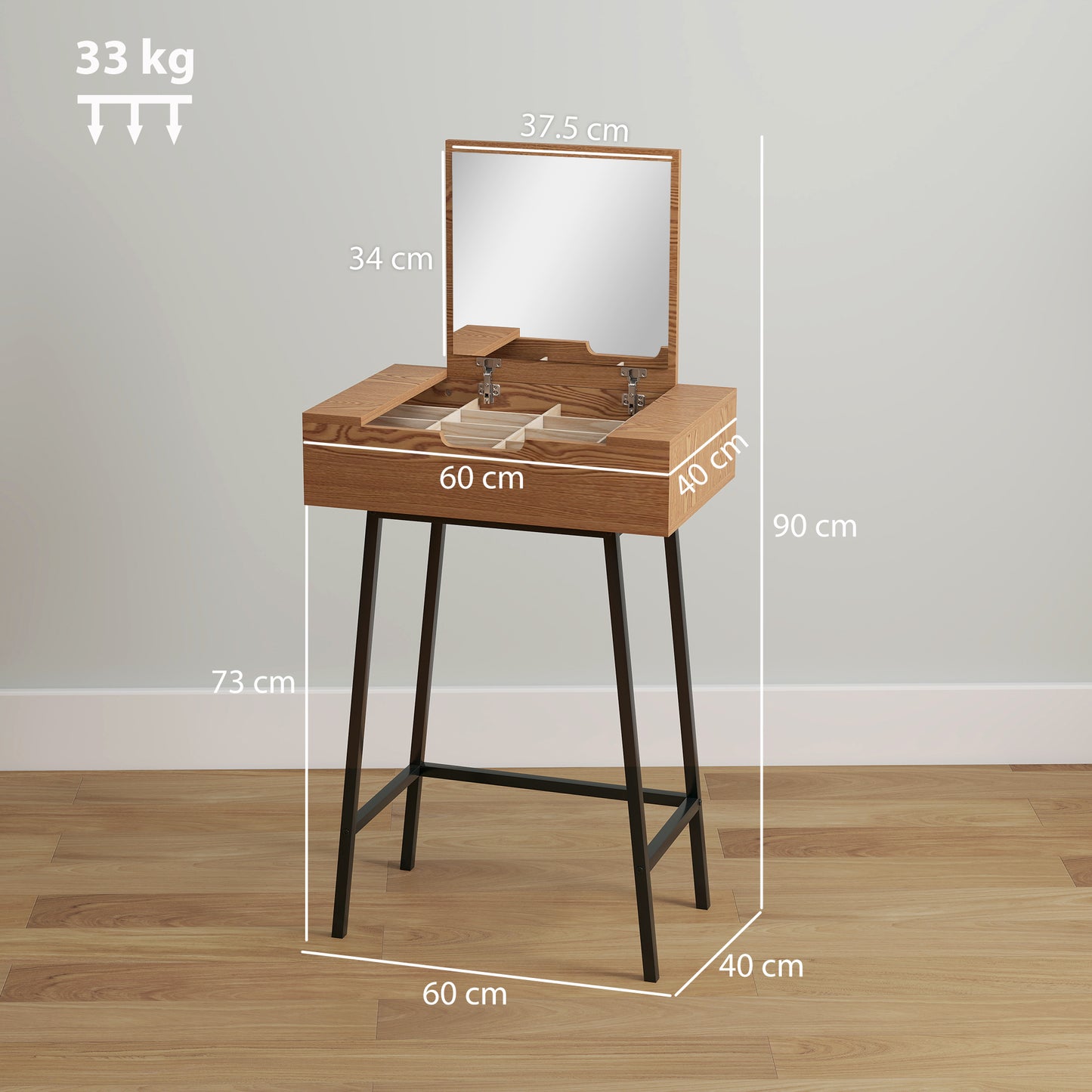 HOMCOM Vanity Desk With Flip Up Mirror And 16 Small Compartments Natural Wood Effect Dressing Table For Bedroom