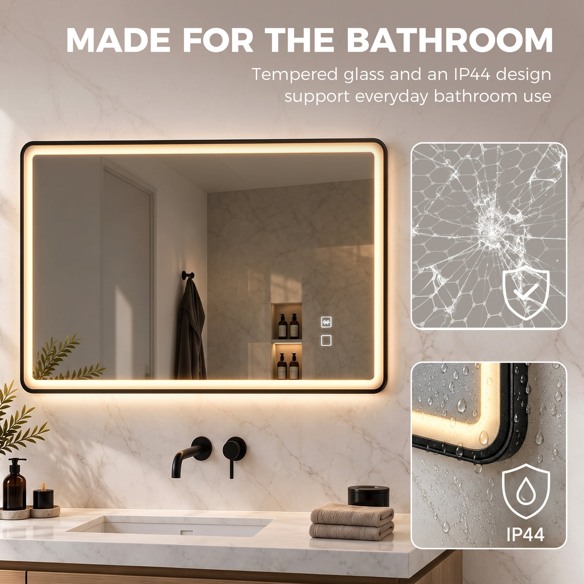 LED bathroom mirror with IP44 water-splash protection icon and anti-fog design