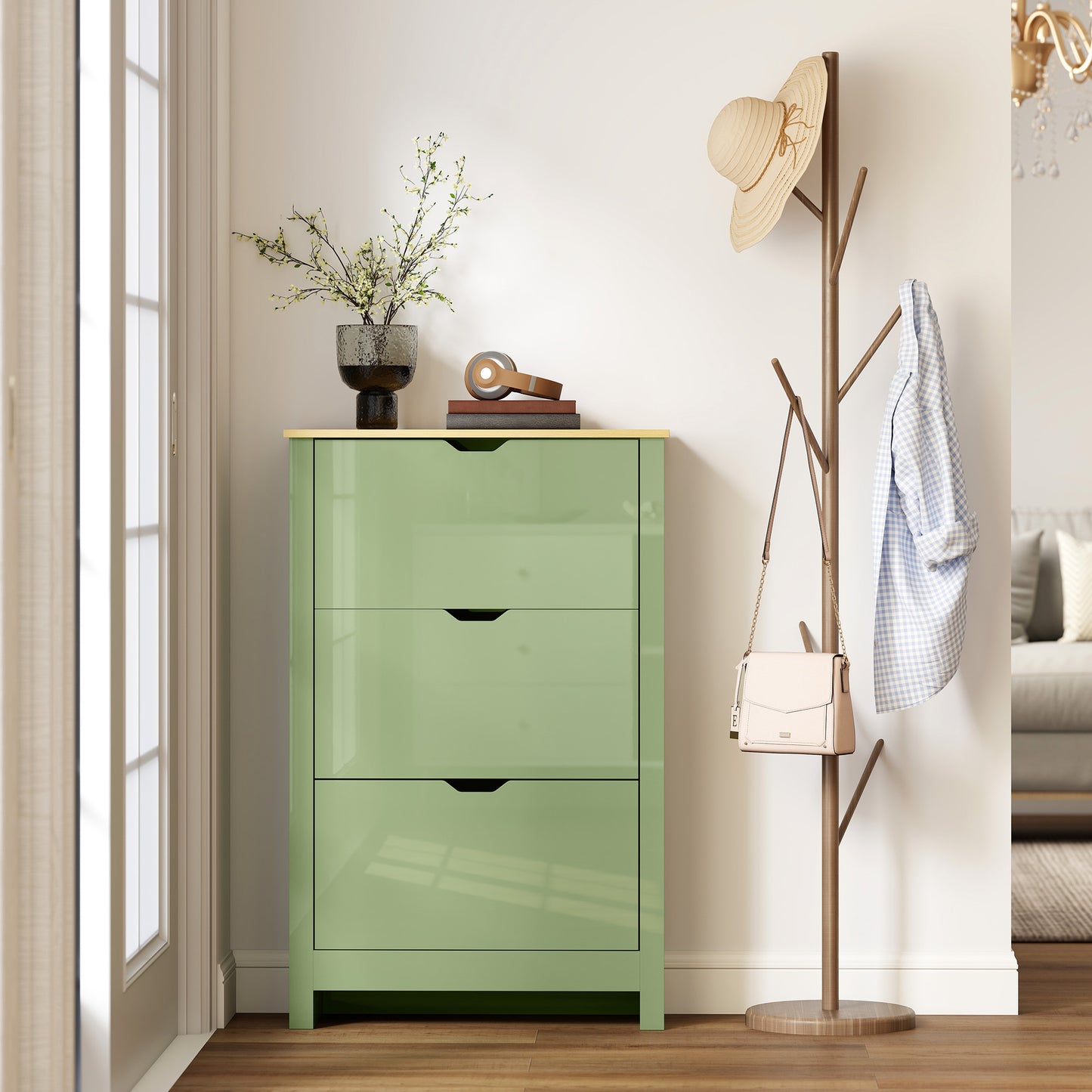 HOMCOM Slim Shoe Cabinet Narrow Cupboard With 3 Drawers Adjustable Shelves For 18 Pairs Of Shoes High Gloss Green