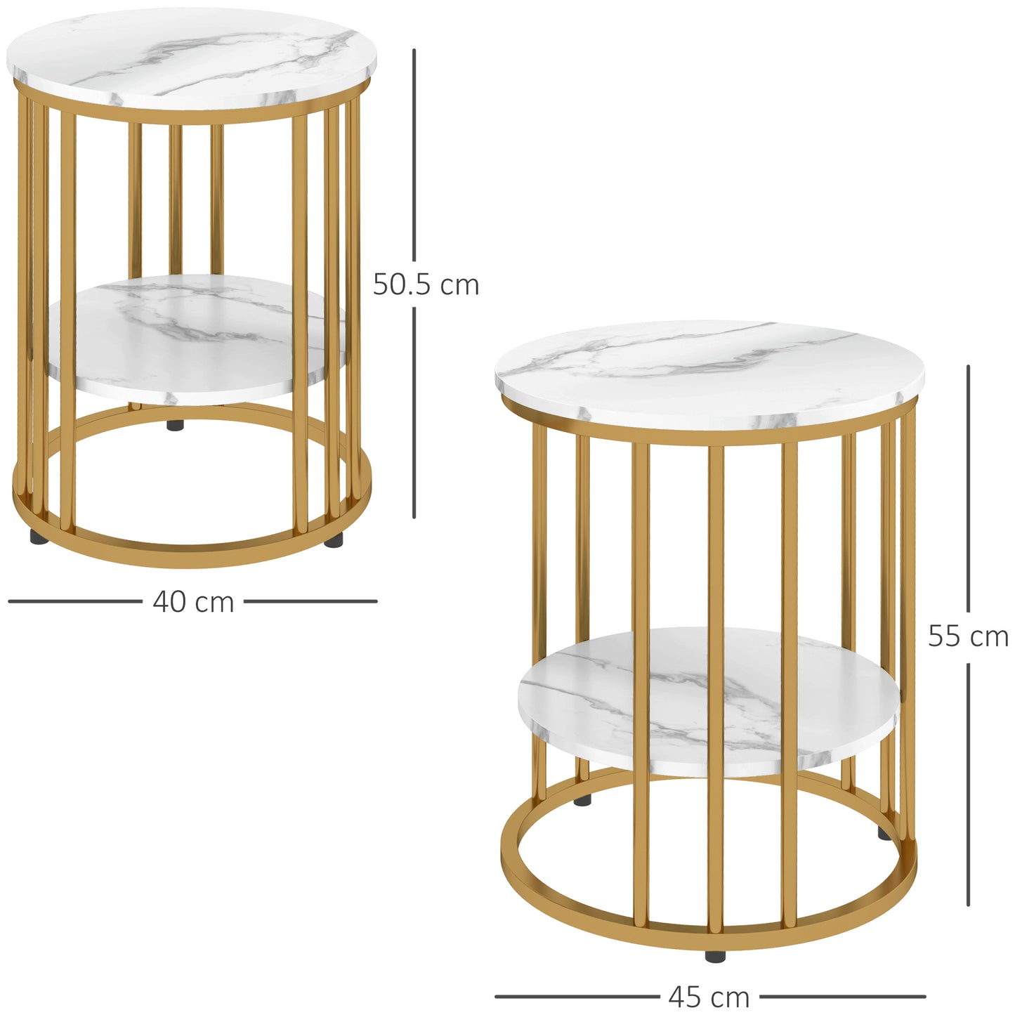 HOMCOM Marble Effect Coffee Table Set White And Gold Tone Two Piece With Two Tier Design