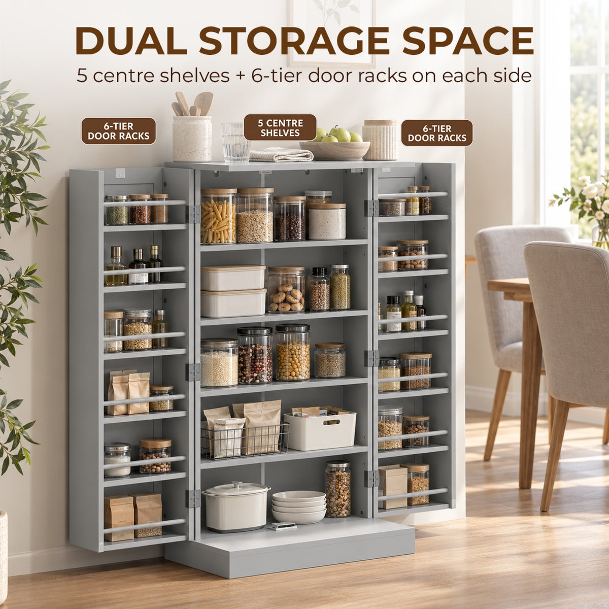 Grey kitchen pantry cabinet with open shelving and door racks