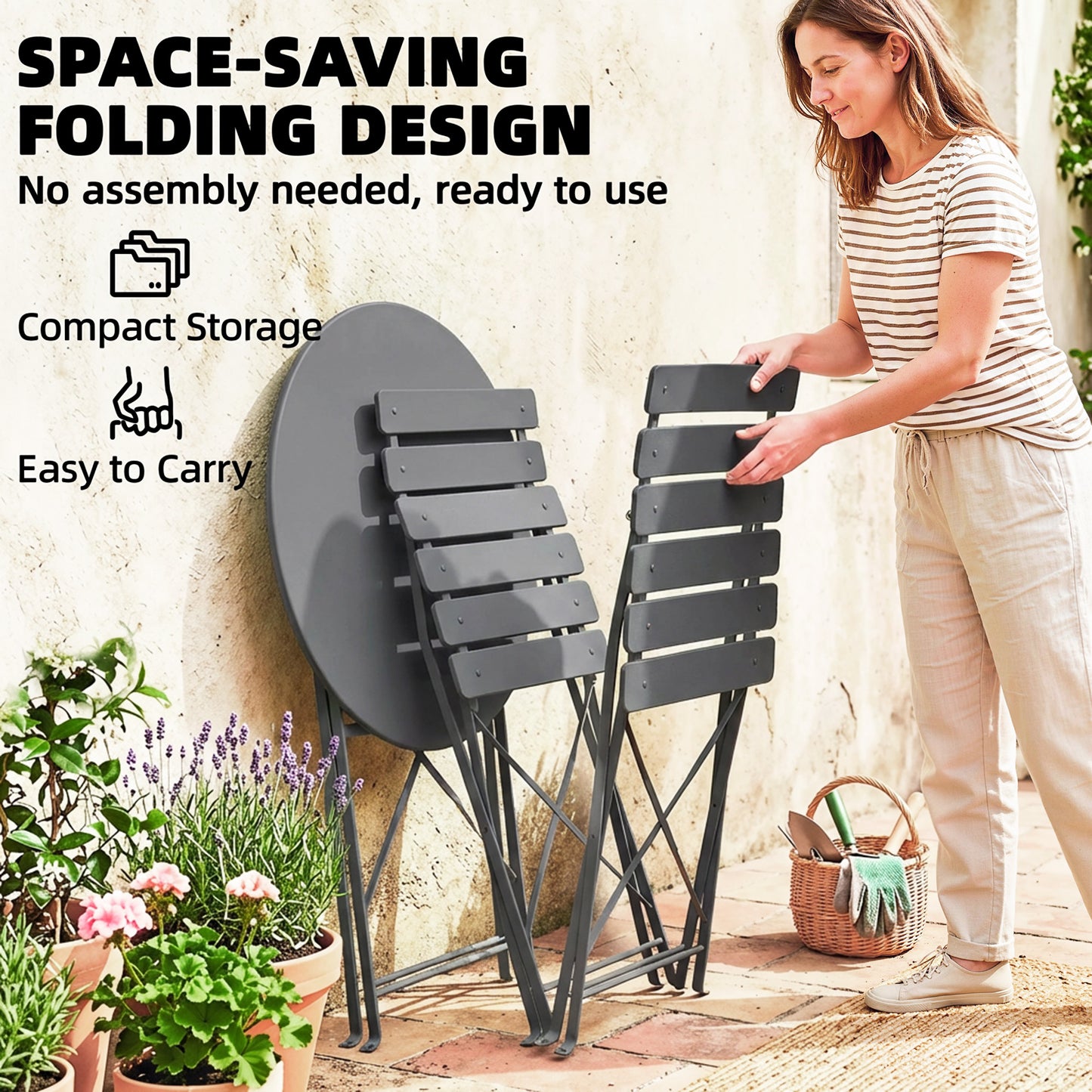 Outsunny Folding Garden Bistro Set For 2 With Round Table And Chairs Electrophoresis Metal Frame Grey