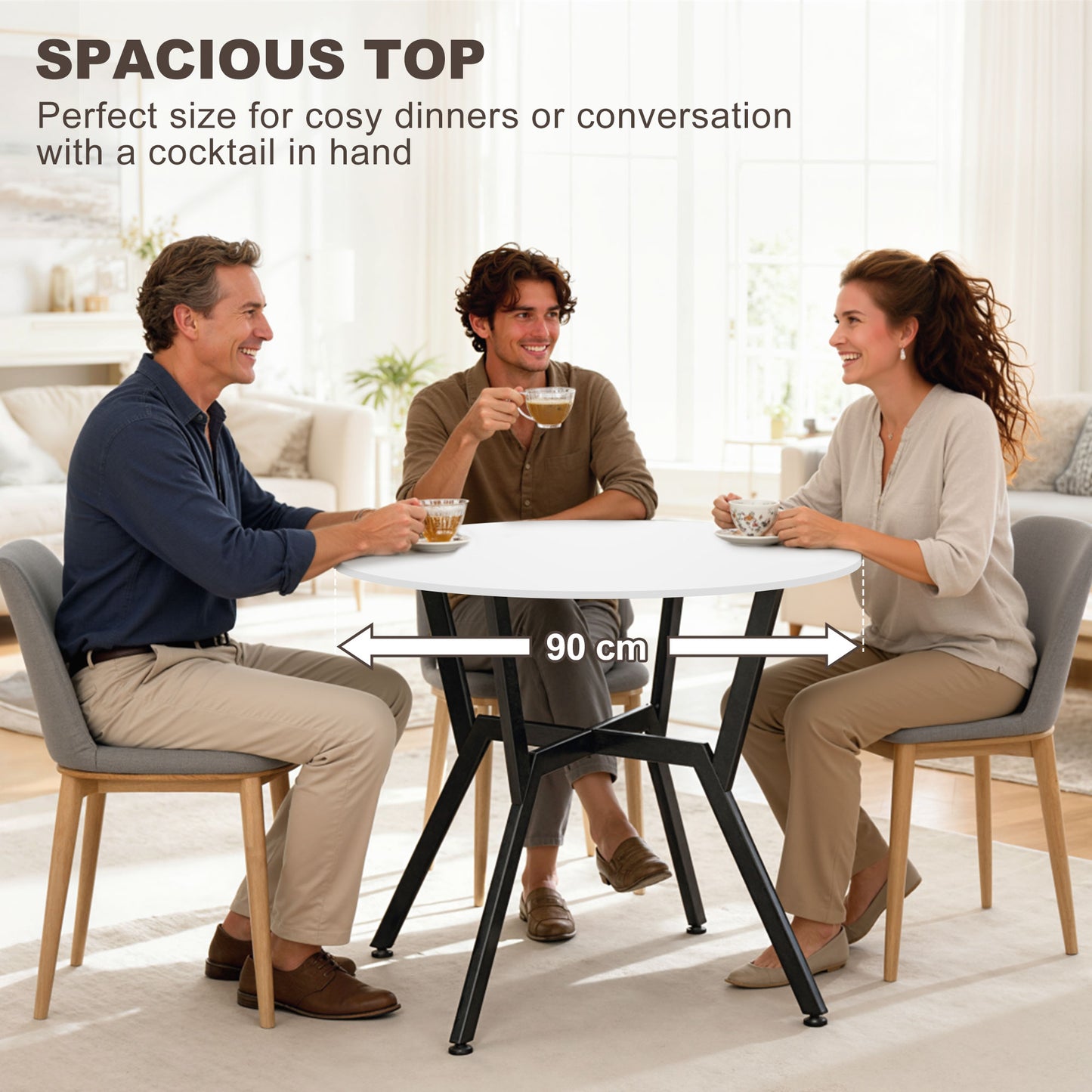 HOMCOM Round Dining Table With Black Metal Legs 90 By 76 cm High Gloss White For Living Room And Dining Room