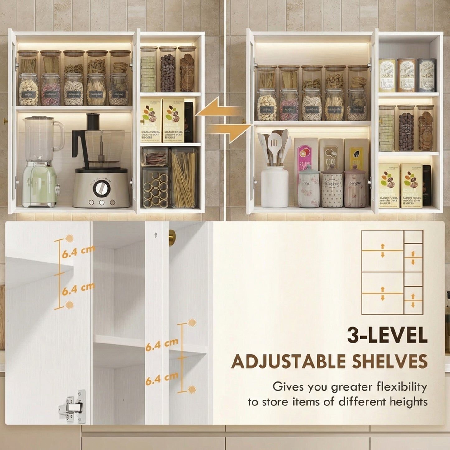 HOMCOM Glass Door Kitchen Cabinet With Multi Storage White Wood Effect For Living Room Display And Storage