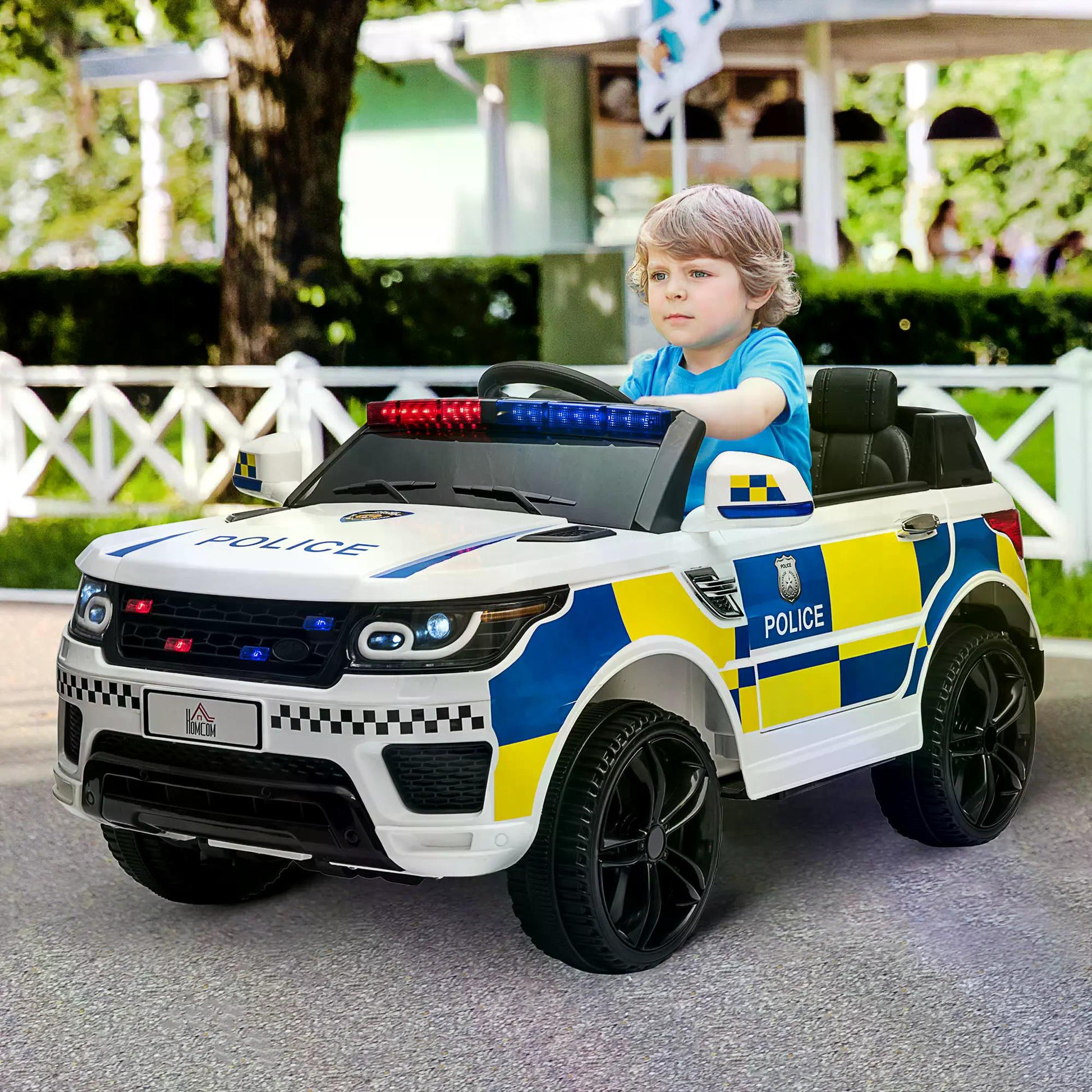 HOMCOM 12V Kid's Remote Control Police Ride-On Car with Bluetooth, Siren, and Flashing Lights for Ages 3-6 - White - ALL4U RETAILER LTD