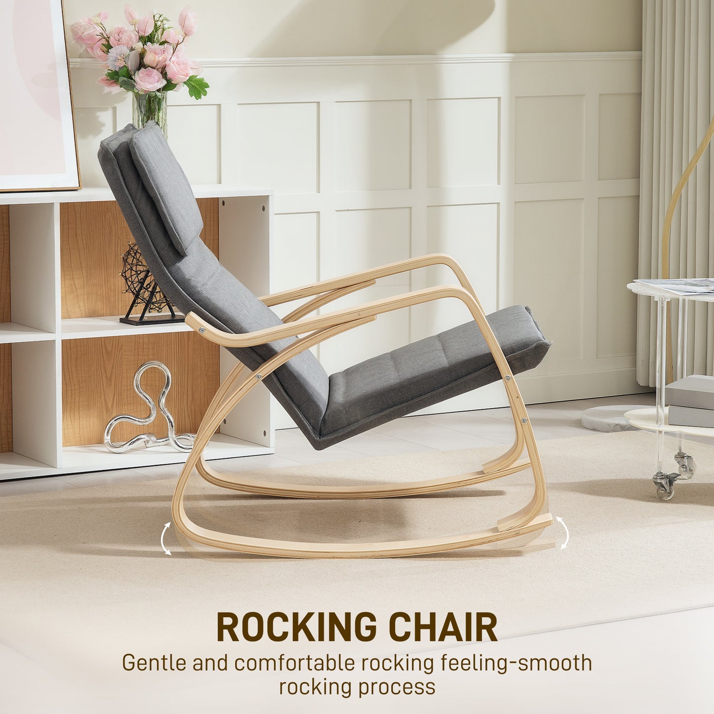 HOMCOM Comfortable Rocking Chair Upholstered Lounge Chair Recliner With High Back And Headrest Grey