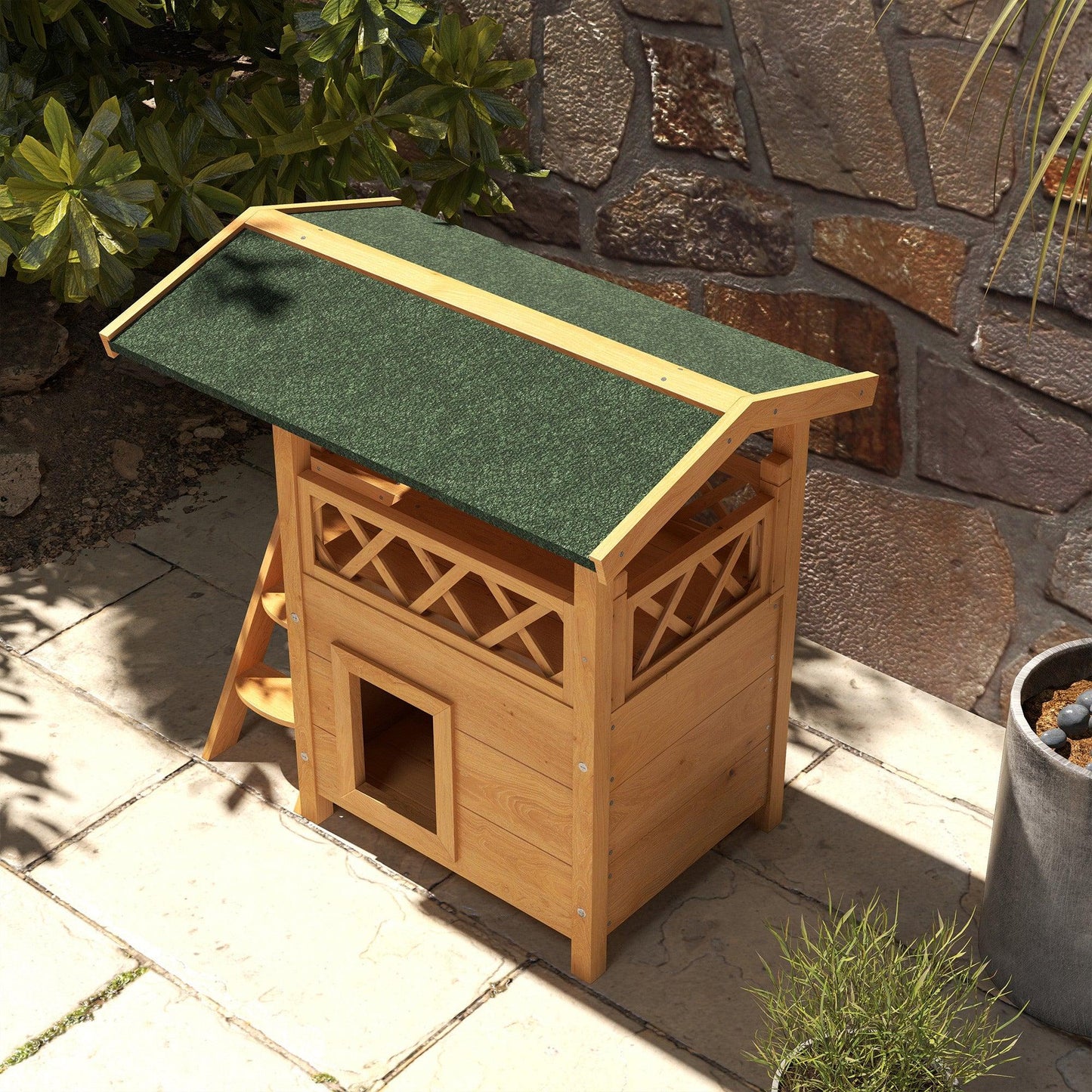 PawHut Outdoor Cat House w/ Balcony Stairs Roof, Natural Wood Finish - ALL4U RETAILER LTD