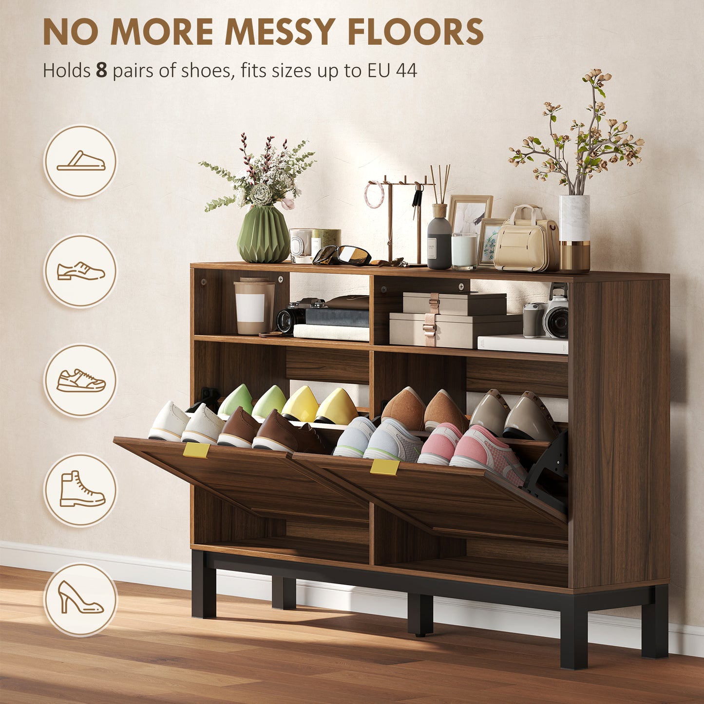 HOMCOM Narrow Shoe Cabinet With Two Flip Drawers Rustic Brown Entryway Hallway Shoe Storage