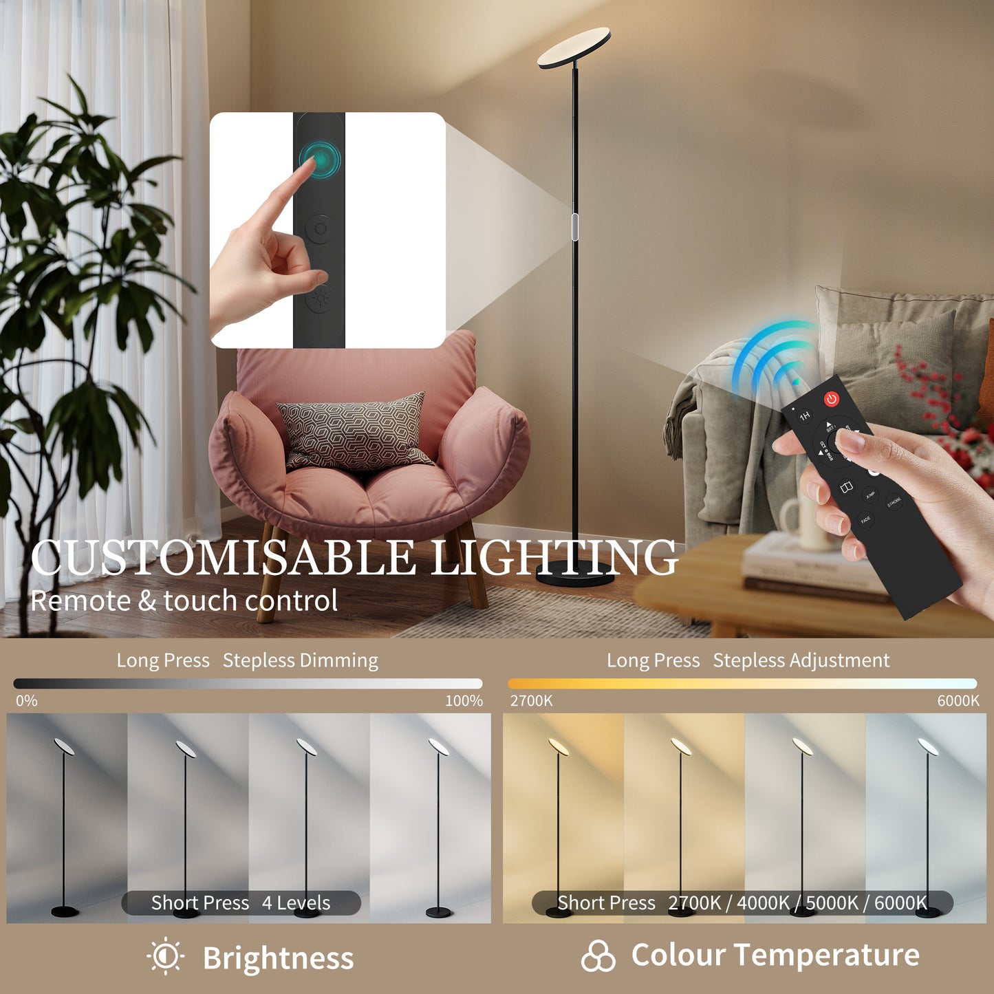 HOMCOM RGB Uplighter Floor Lamp With Remote And Touch Control 350 Degree Rotatable Head 2700K-6000K Black