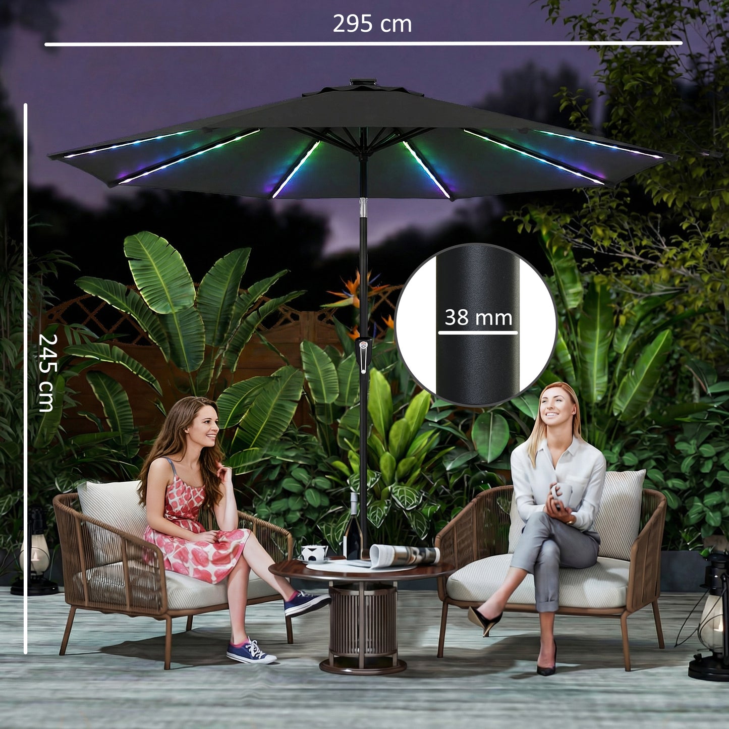 Outsunny 3m Garden Parasol Umbrella With 112 Solar Powered LED Lights USB Charging Crank Handle Black