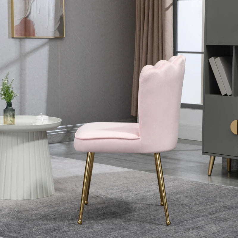 HOMCOM Set of 2 Shell Dining Chairs: Upholstered Kitchen Chairs with Gold Metal Legs and Backrest, Velvet Fabric Lounge Leisure Chairs for Living Room, Reception Room - Pink - ALL4U RETAILER LTD