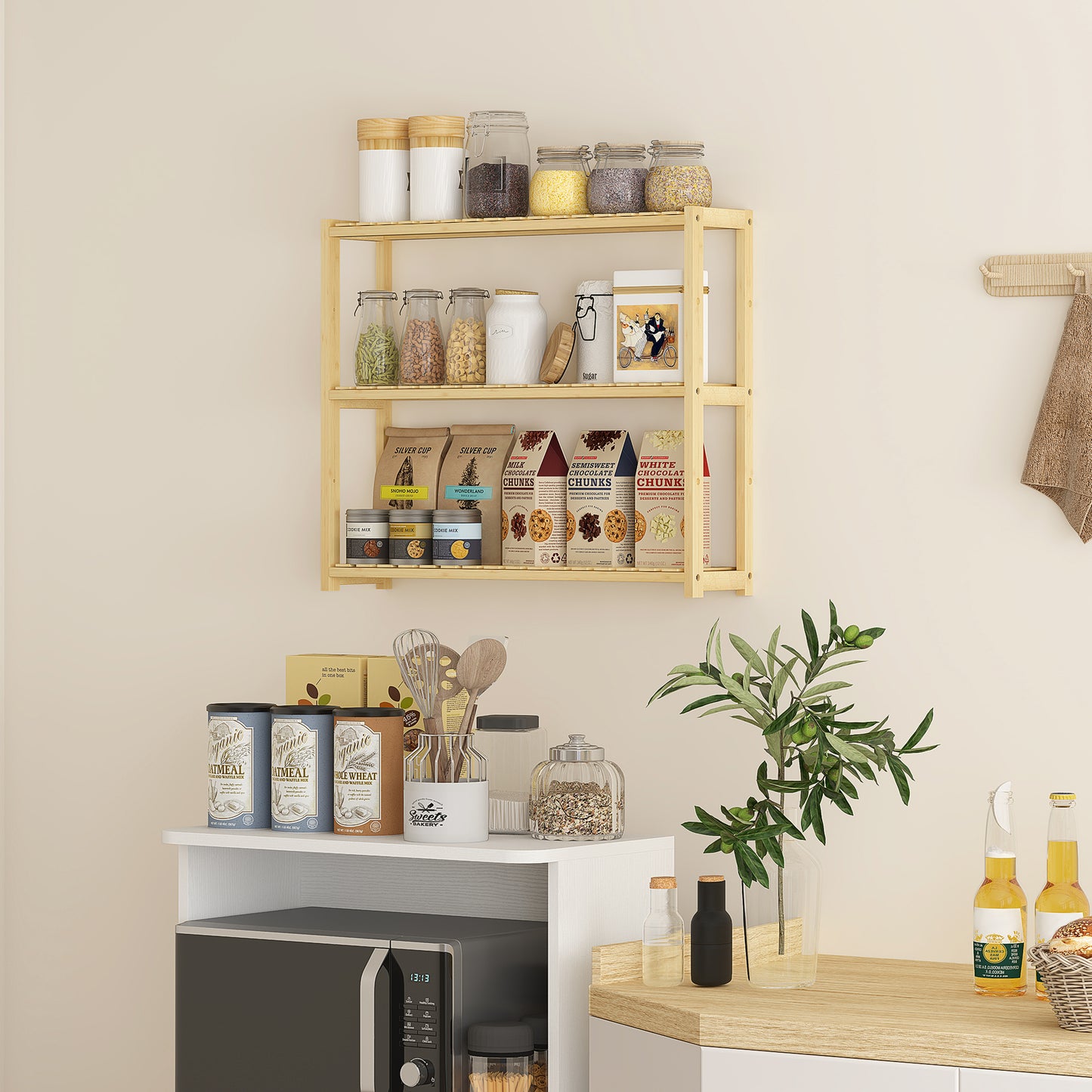 HOMCOM Three Tier Bamboo Bathroom Rack Natural Finish With Moisture Resistant Build And Five Position Shelves