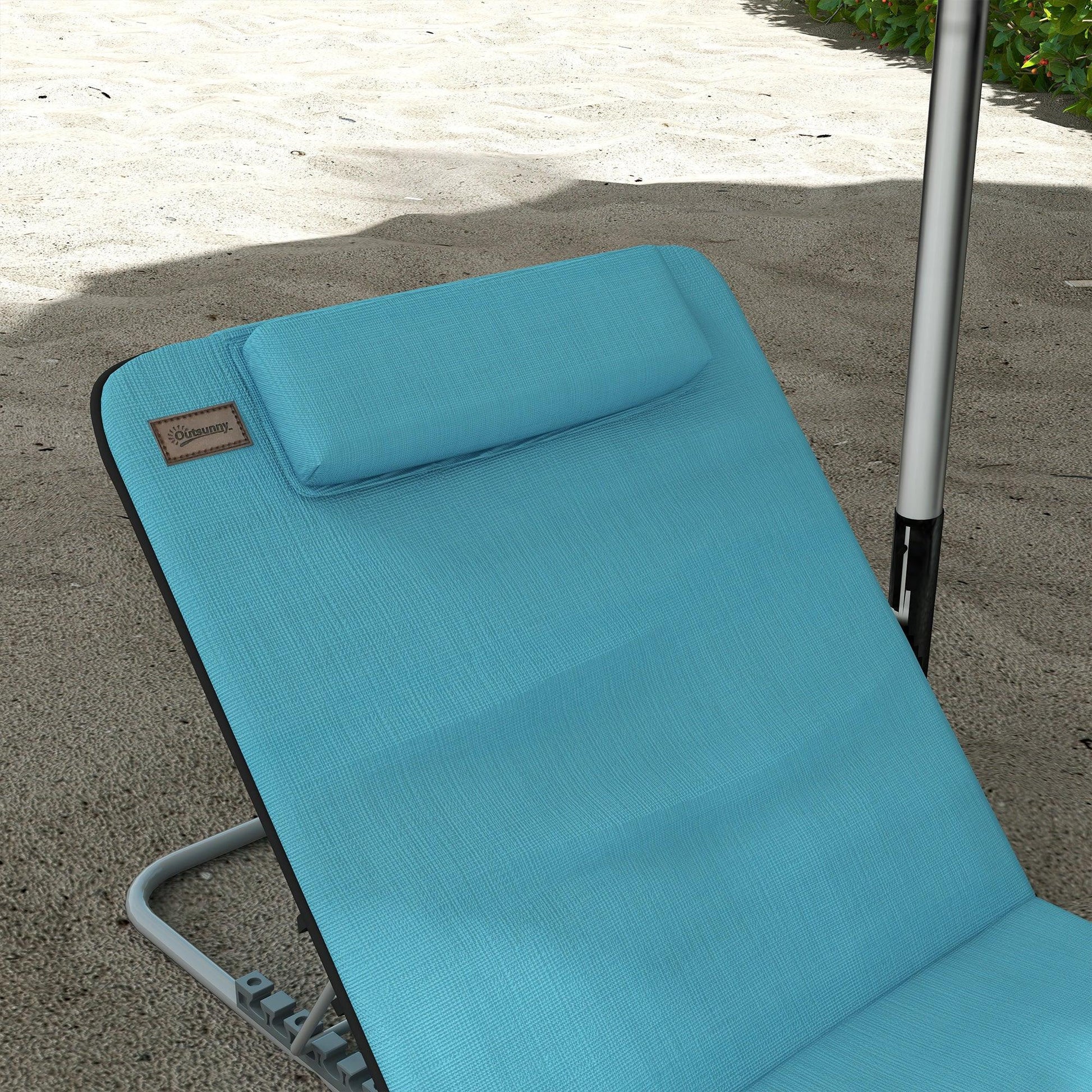 Outsunny Metal Frame PE Fabric 2 Pieces Outdoor Beach Reclining Chair Set w/ Pillow Light Blue - ALL4U RETAILER LTD