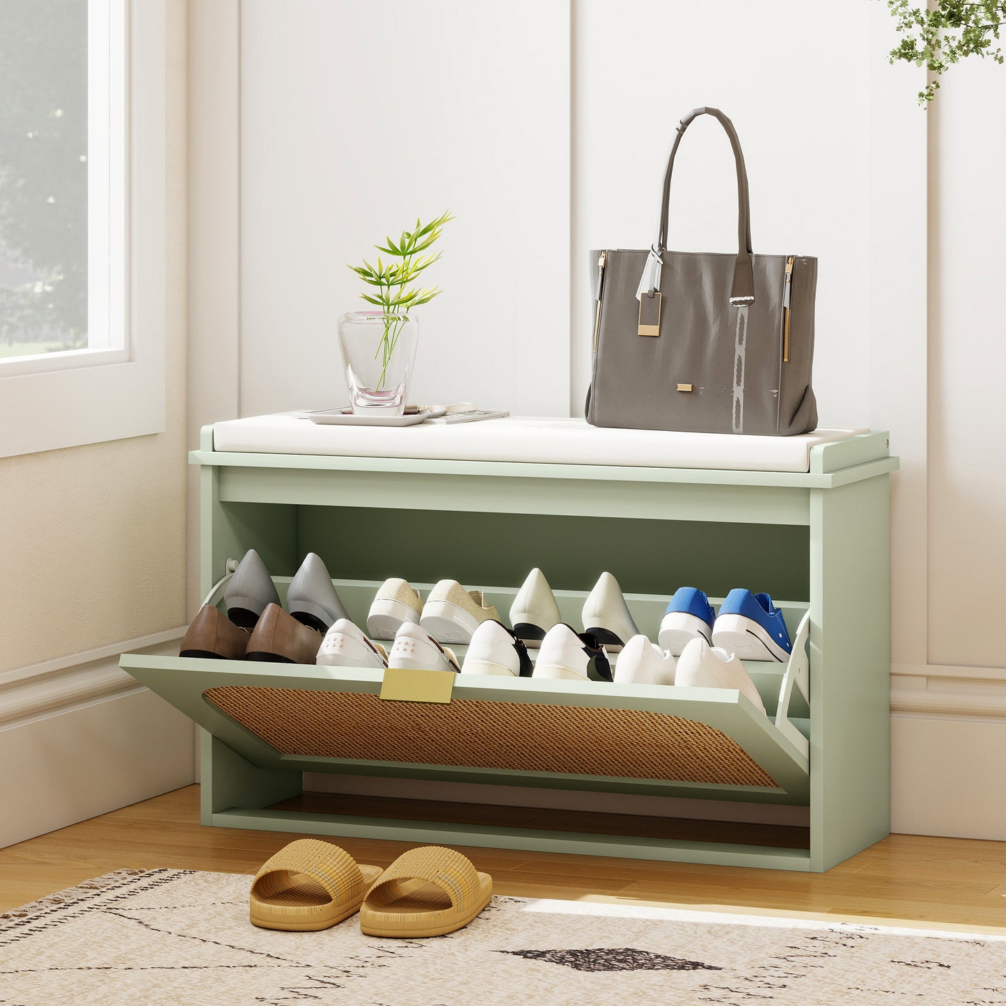 HOMCOM Boho Shoe Bench With Padded Seat And Flip Drawer Linen Feel Fabric Entryway Storage In Light Green