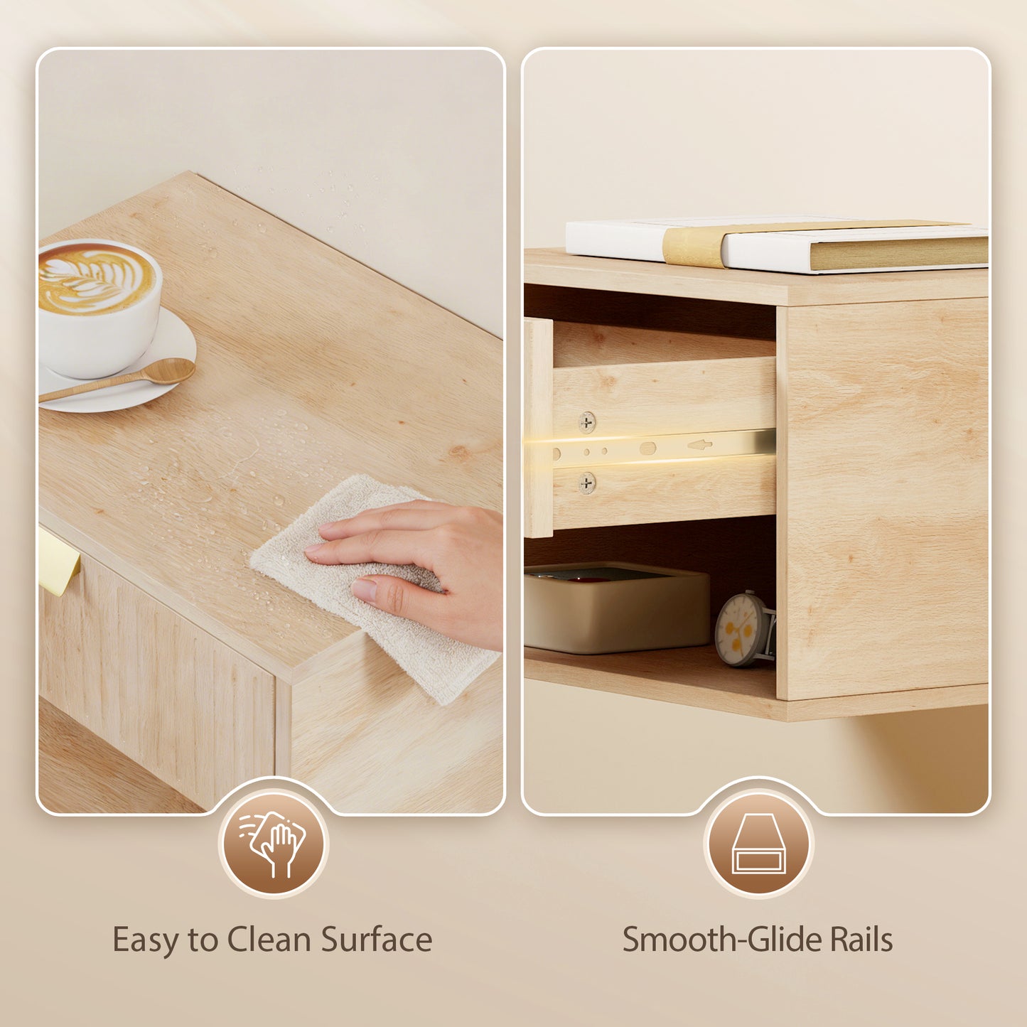 HOMCOM Set Of 2 Wall Mounted Nightstands Floating Bedside Tables With Fluted Drawer And Open Shelf For Small Bedroom Oak