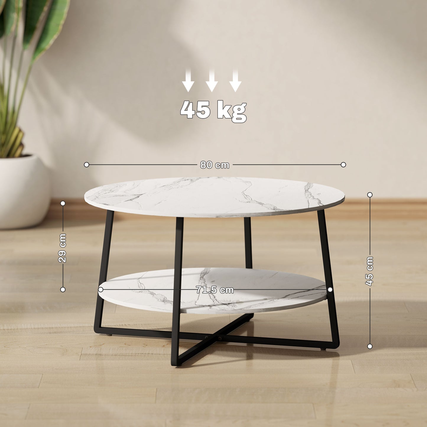 HOMCOM Round Two Tier Marble Effect Coffee Table White Black Finish With Adjustable Foot Pads