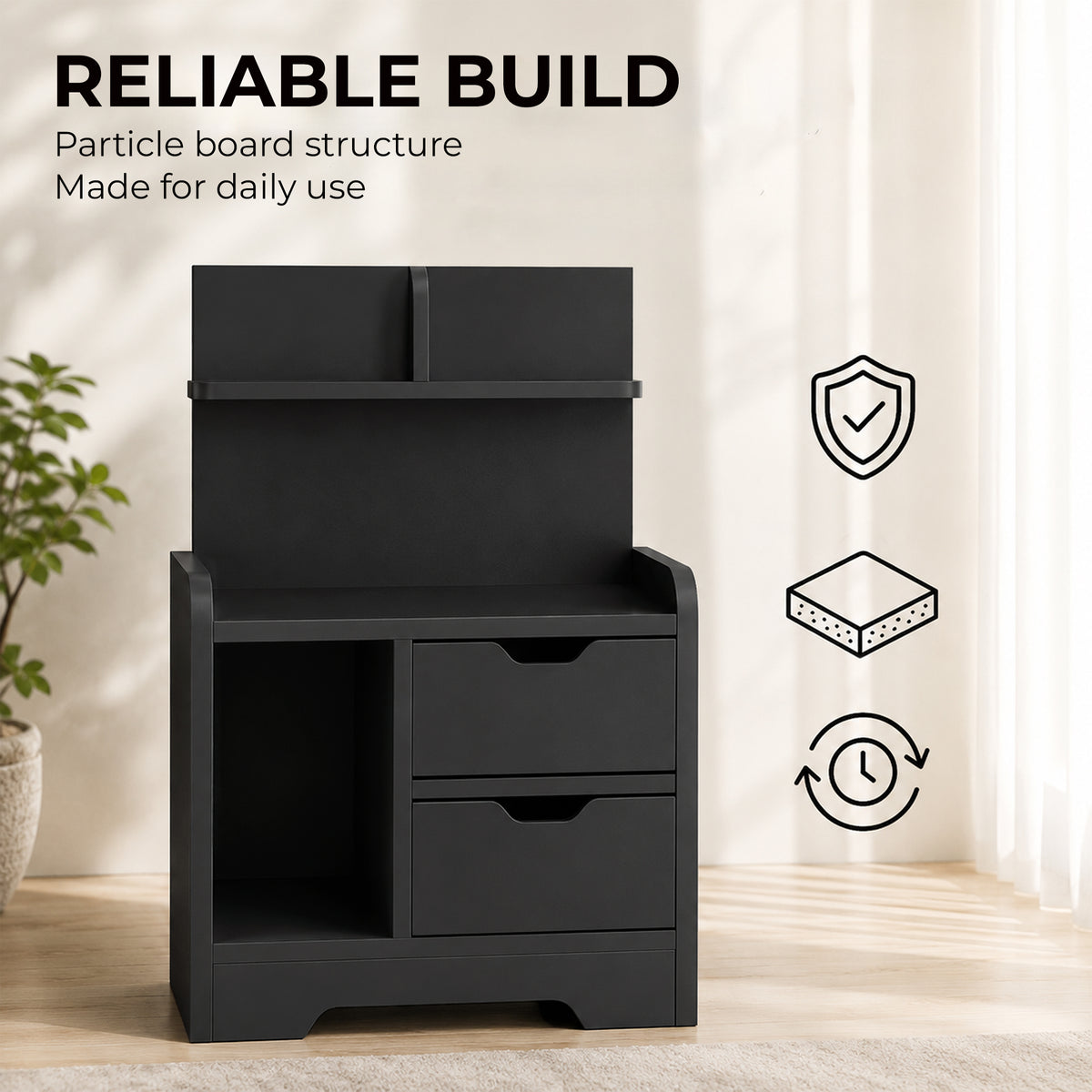 HOMCOM Black Wood Effect Bedside Table With Drawers And Shelf