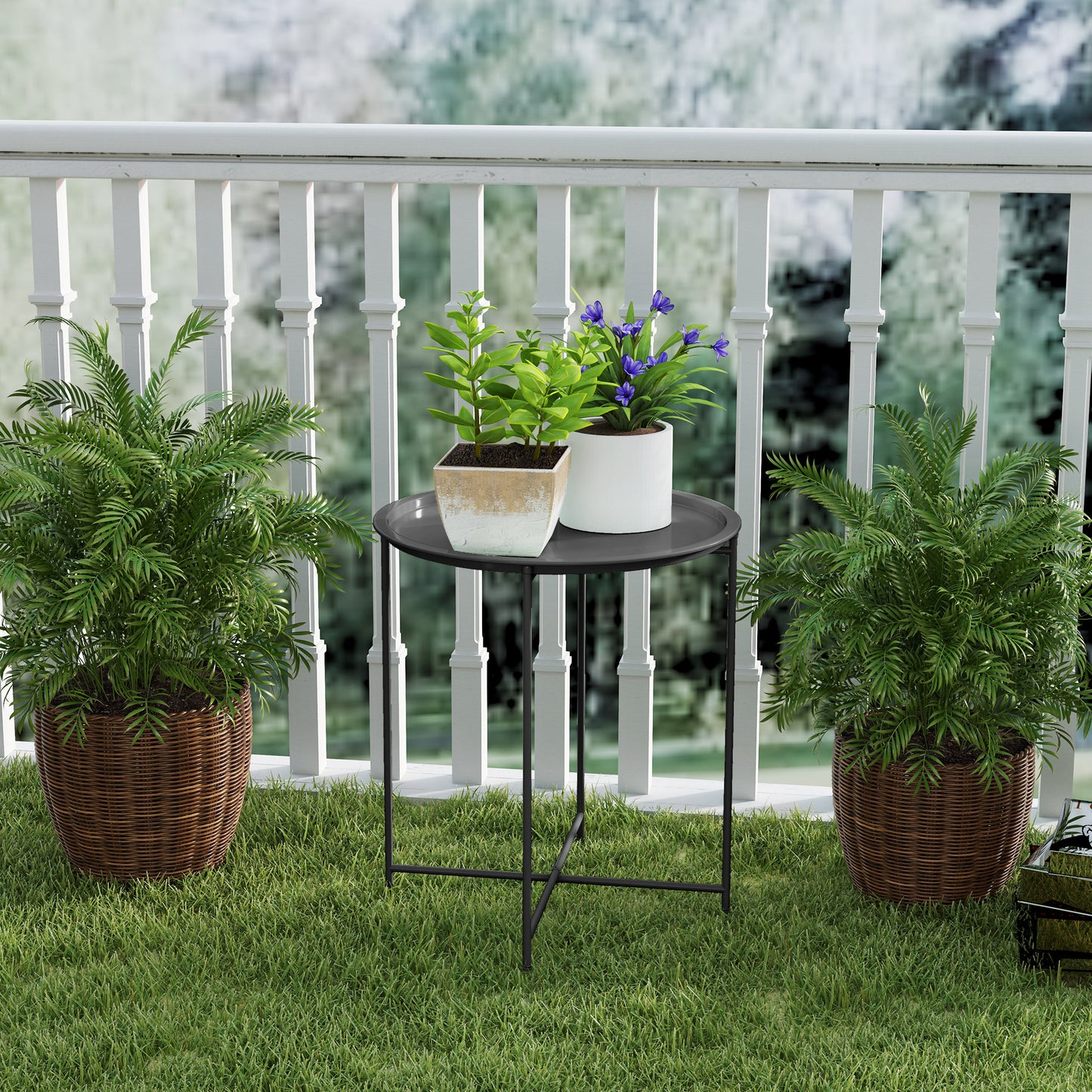 Outsunny Steel Removable Tray Top Garden Table With Folding Legs Black Outdoor Coffee Table For Patio Balcony