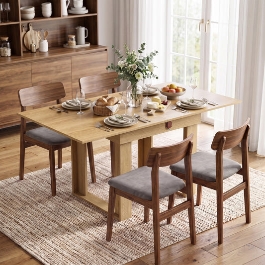 Oak-effect folding dining table with under storage shelf and four chairs, rectangular top
