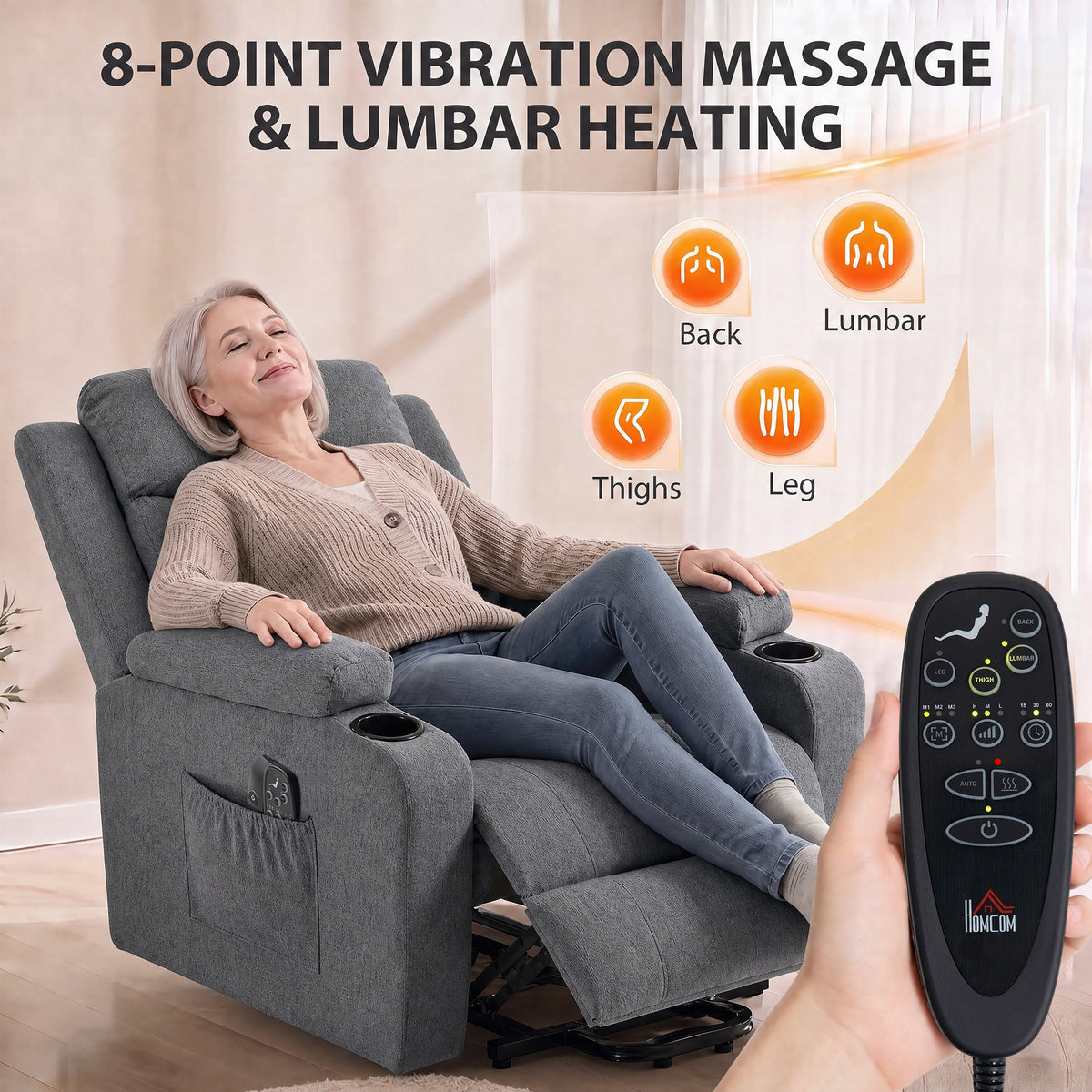 Gray recliner chair with massage and lumbar heat, plus handheld remote control