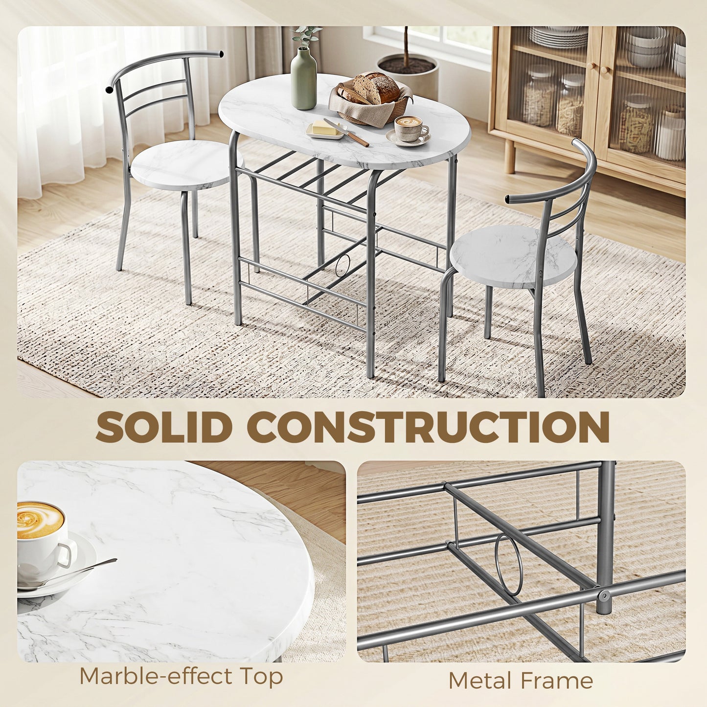 HOMCOM White Marble Effect Three Piece Compact Dining Set With Two Chairs And Table Shelf