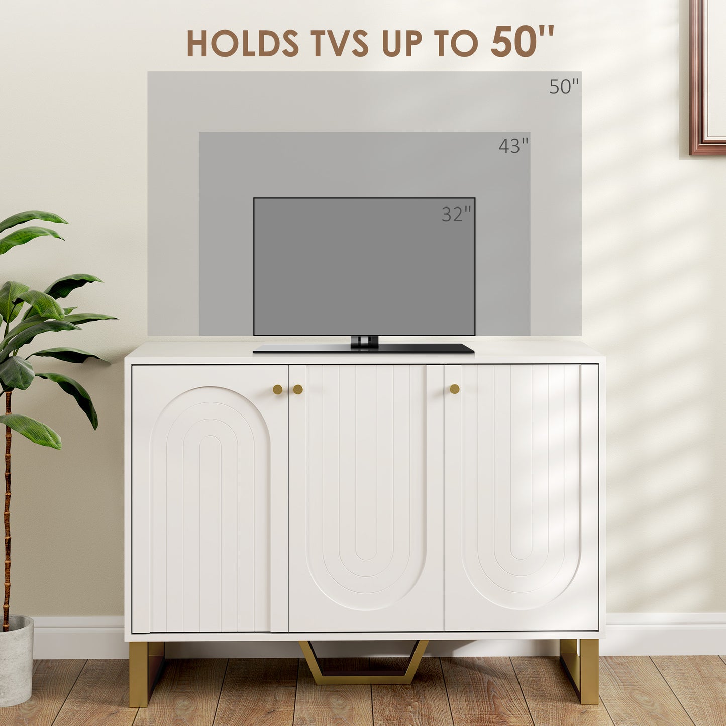 HOMCOM 3 Door Sideboard Storage Cabinet White With Adjustable Shelves Arched Doors And Gold Accents