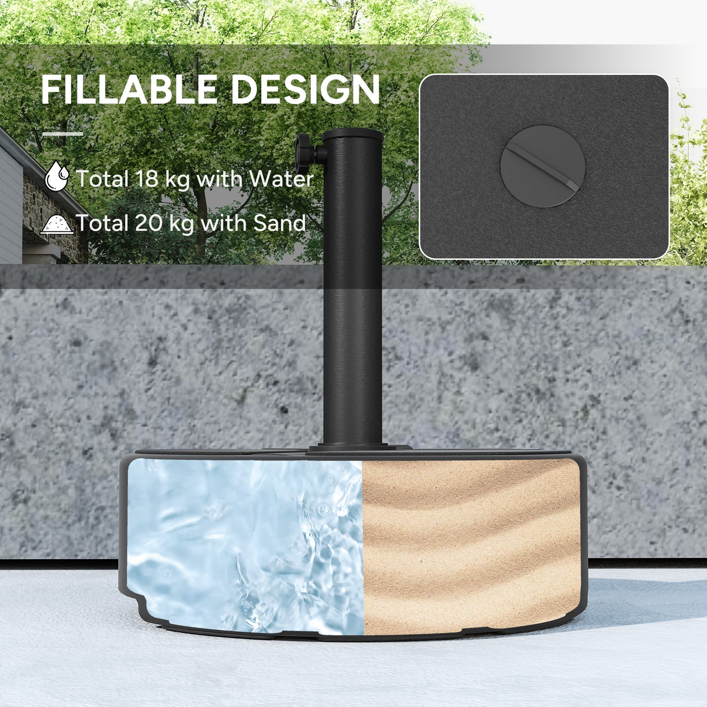 Outsunny Round Garden Parasol Base Umbrella Stand 20kg With Stand Or 18kg With Water 38mm 48mm Poles Black