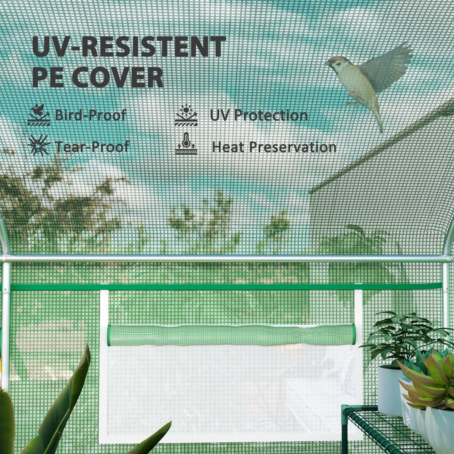 Outsunny 13 x 9.8 ft Walk-In Polytunnel Greenhouse With Roll-Up Doors And Mesh Windows 140gsm Cover