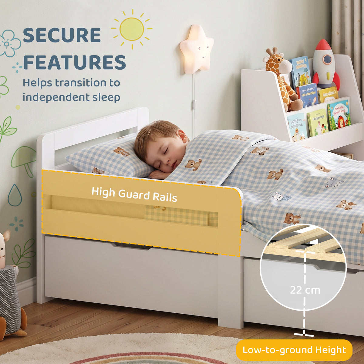 Kids bed frame with high guard rails and low-to-ground design; child sleeping