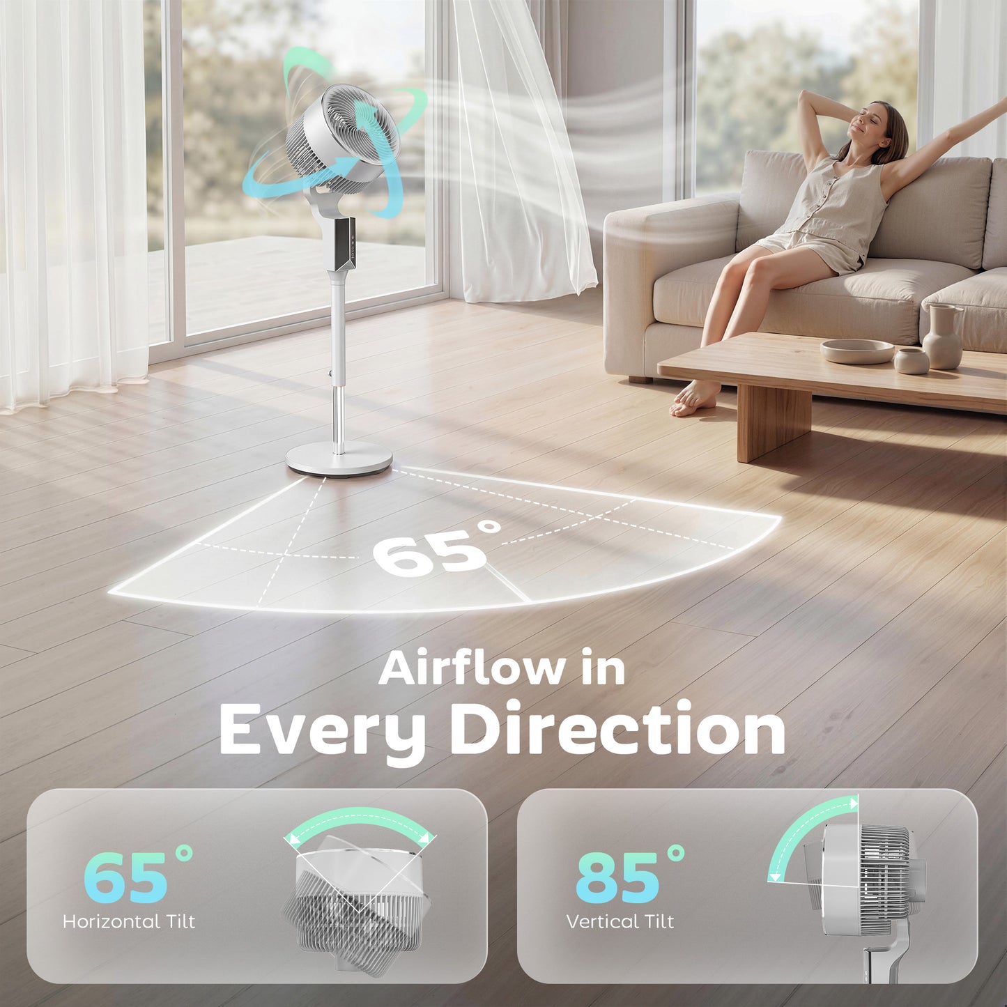 HOMCOM 20 Decibel Silent Pedestal Fan With Remote 46 Inch 85 Degree Oscillation 8 Speeds Aromatherapy Pad White
