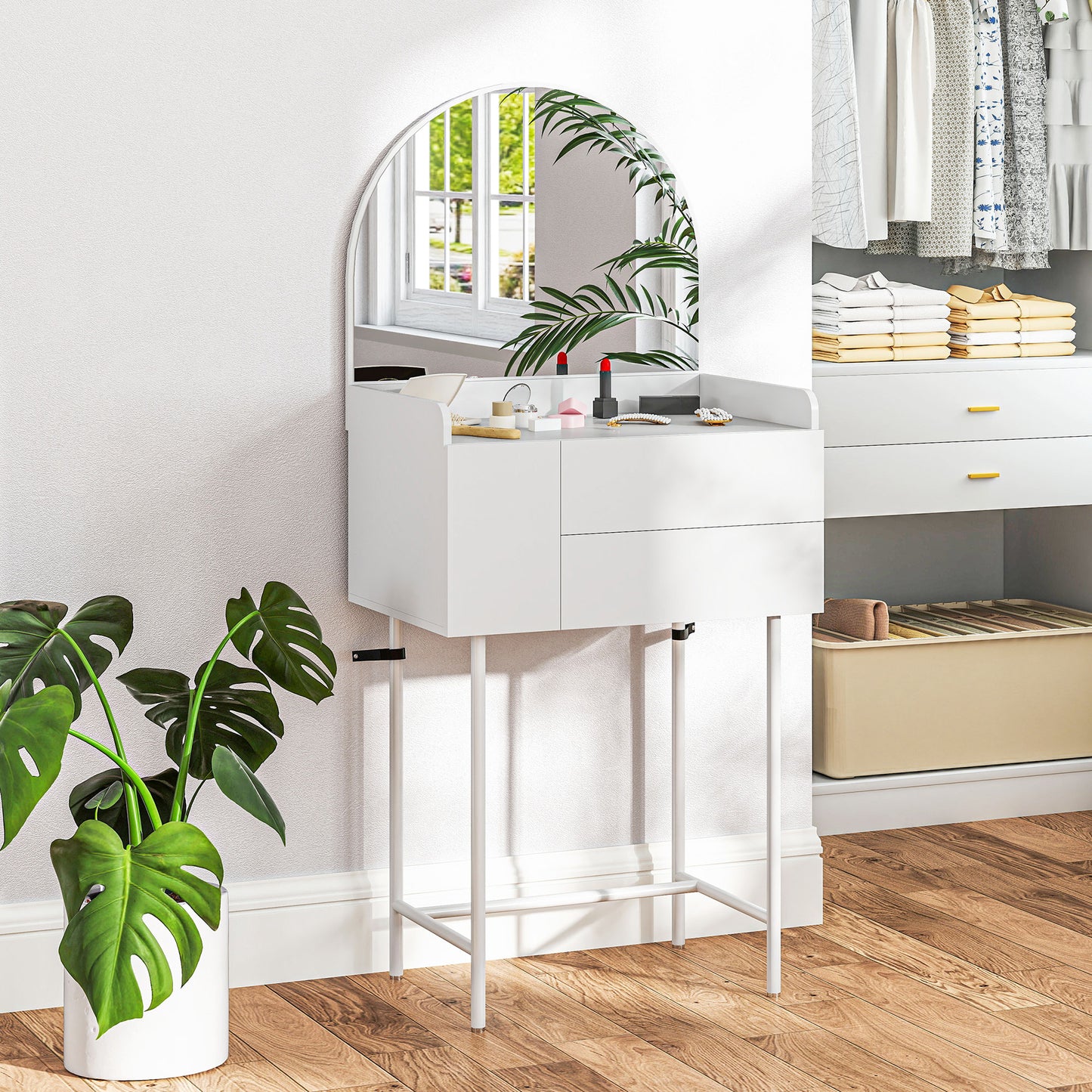 HOMCOM Three Drawer Compact Dressing Table White Vanity Desk With Large Arch Mirror