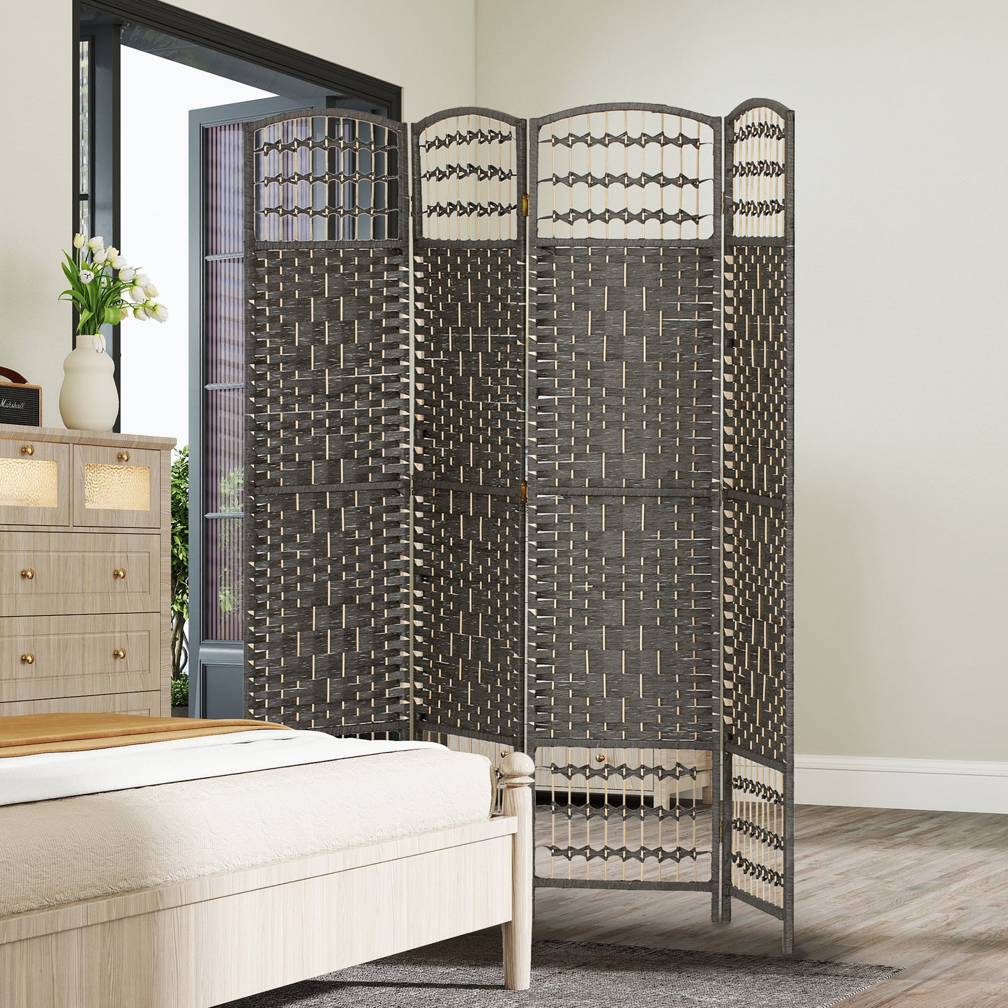 HOMCOM 4 Panel Folding Privacy Screen Room Divider With Pine Wood Frame For Living Room And Office Dark Grey