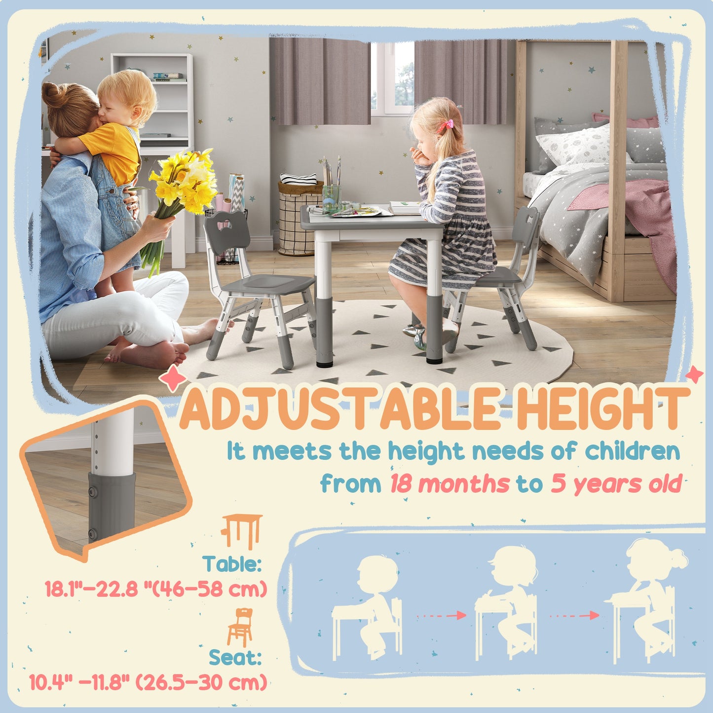 AIYAPLAY Adjustable Kids Table and Chair Set - 3-Piece Playroom Furniture for Toddlers, Grey - ALL4U RETAILER LTD