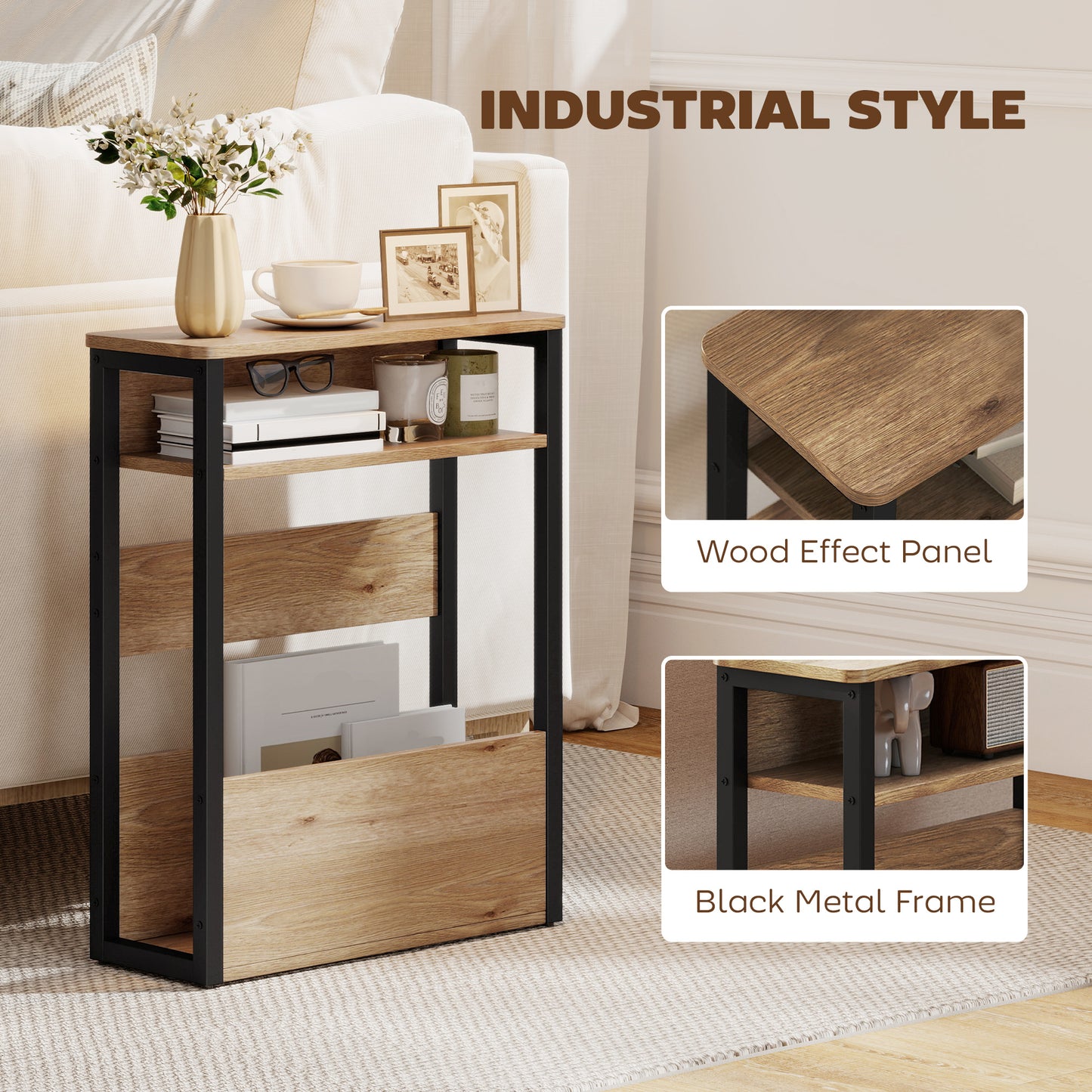 HOMCOM Industrial Style Side Table Black Walnut Brown With Two Shelves Nightstand Sofa Table