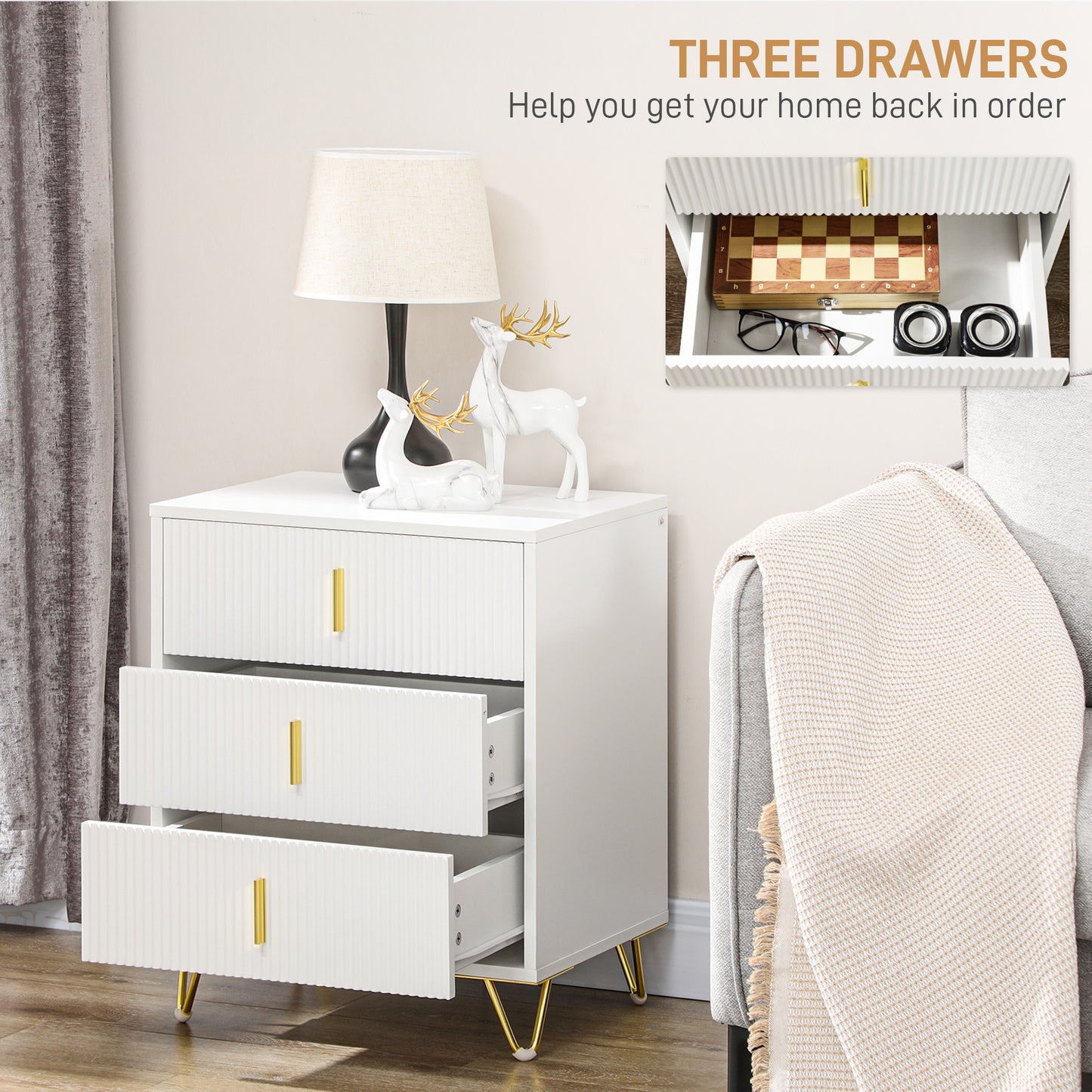 HOMCOM Set Of 2 Elegant Chest Of Drawers White And Gold Tone Ridged Fronts Hairpin Legs