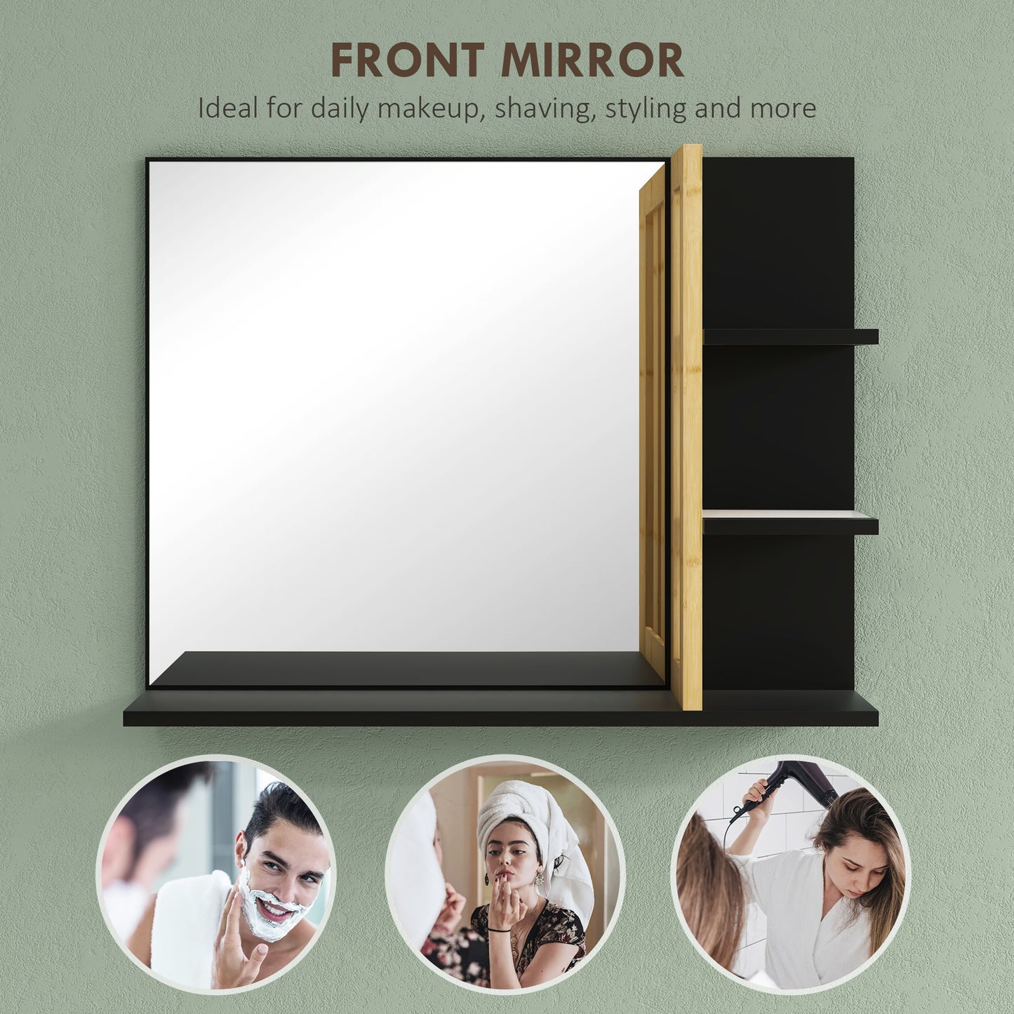 HOMCOM Bamboo Panel Bathroom Mirror With Four Shelves And Large Reflective Surface For Makeup And Toiletries Storage