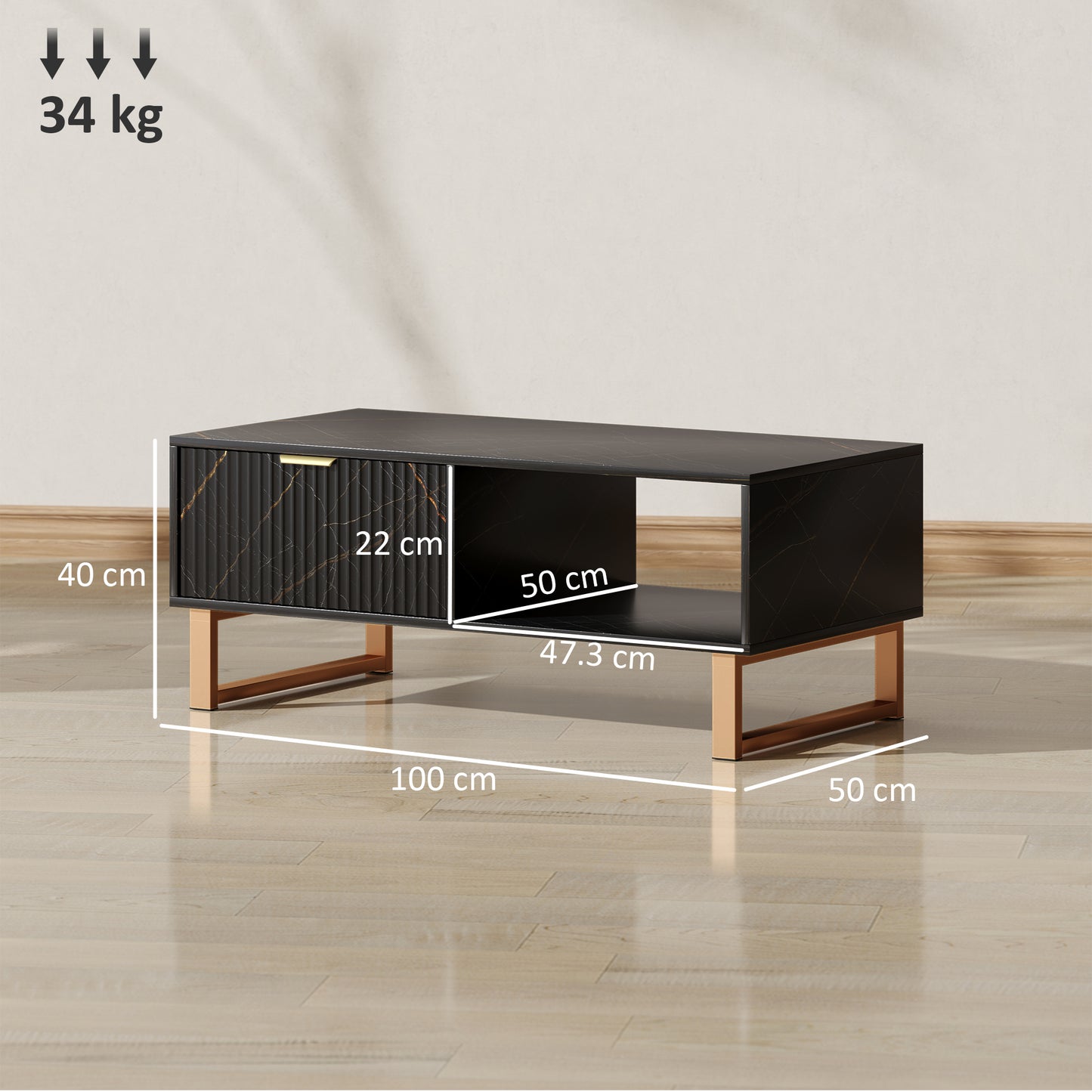 HOMCOM Marble Effect Storage Coffee Table With Drawer And Shelves In Black With Steel Legs