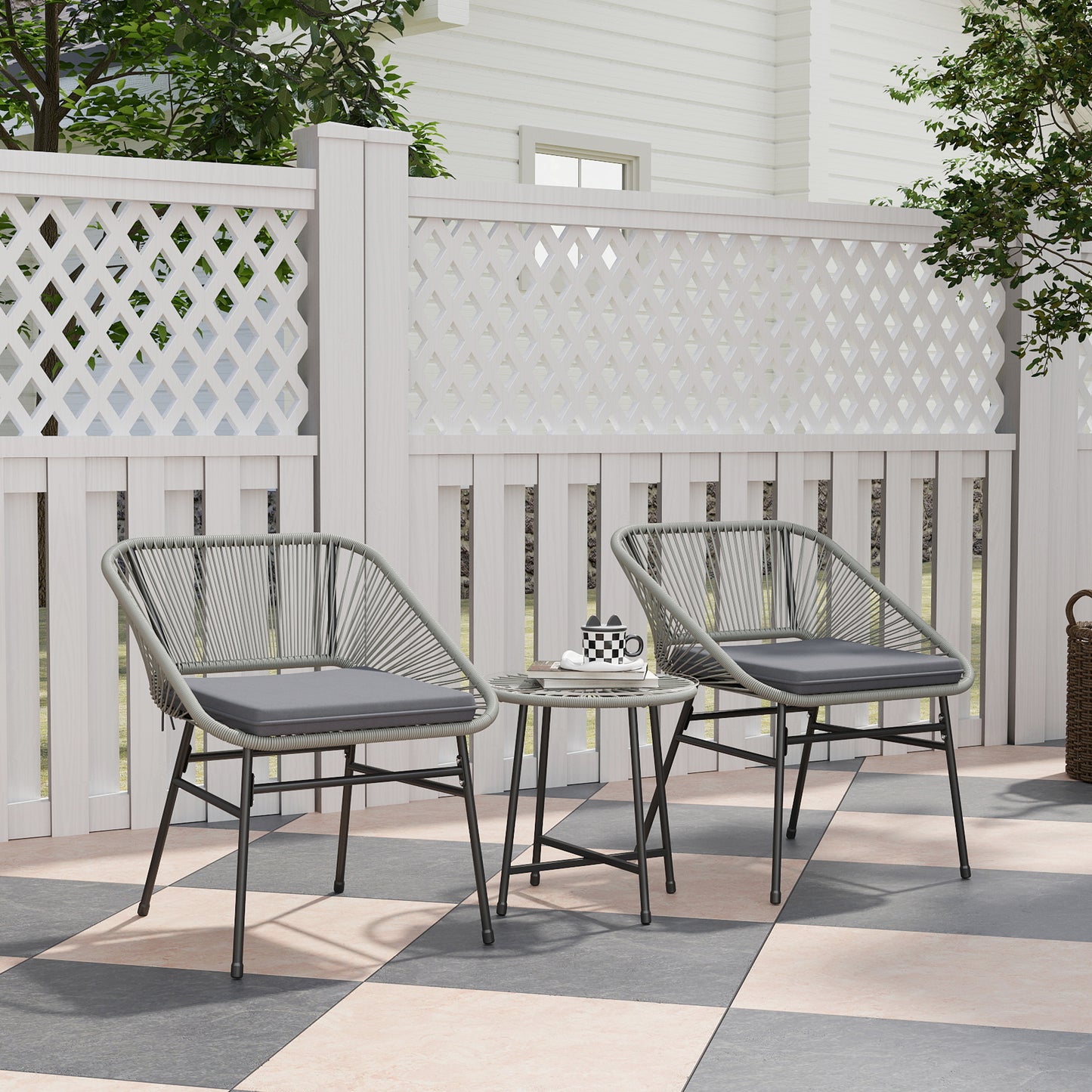 Outsunny 3 Piece Rattan Bistro Set With Cushioned Chairs Glass Top Table Outdoor Patio Balcony Light Grey