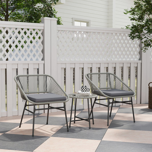 Outsunny 3 Piece Rattan Bistro Set With Cushioned Chairs Glass Top Table Outdoor Patio Balcony Light Grey