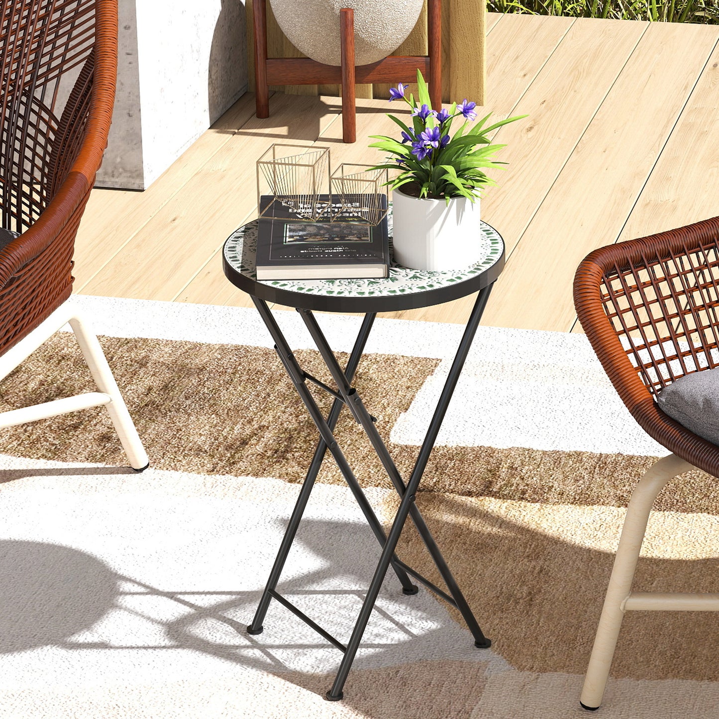 Outsunny Mosaic Outdoor Garden Table Round Folding Coffee Table 35.5cm With Metal Frame For Balcony Terrace Green