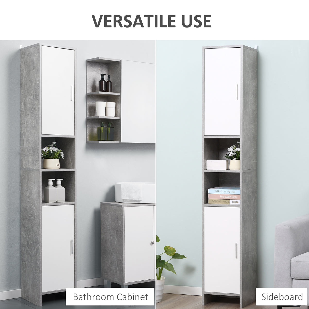 Tall slim storage cabinet with grey finish, white doors, and interior open compartments