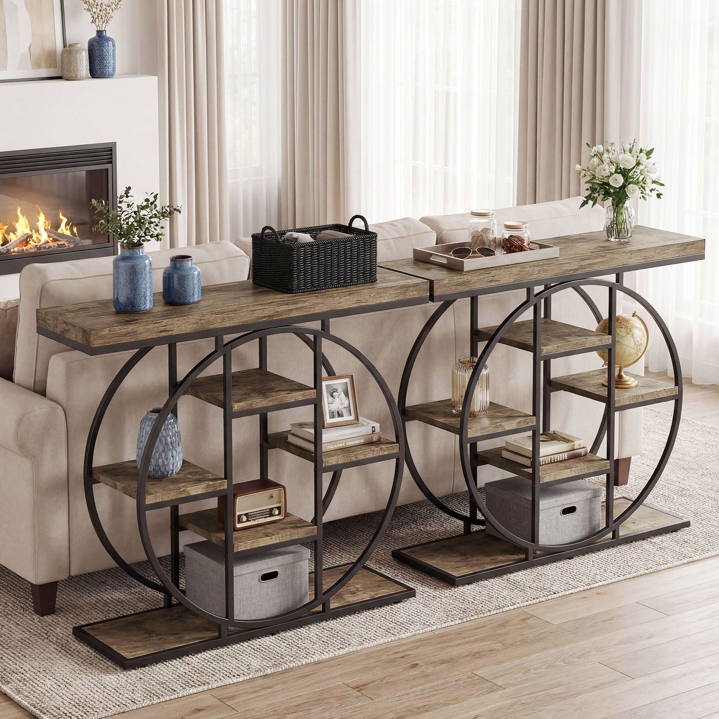 HOMCOM Industrial Console Table With Storage Shelves For Entryway Rustic Brown Vintage Style Thick Tabletop