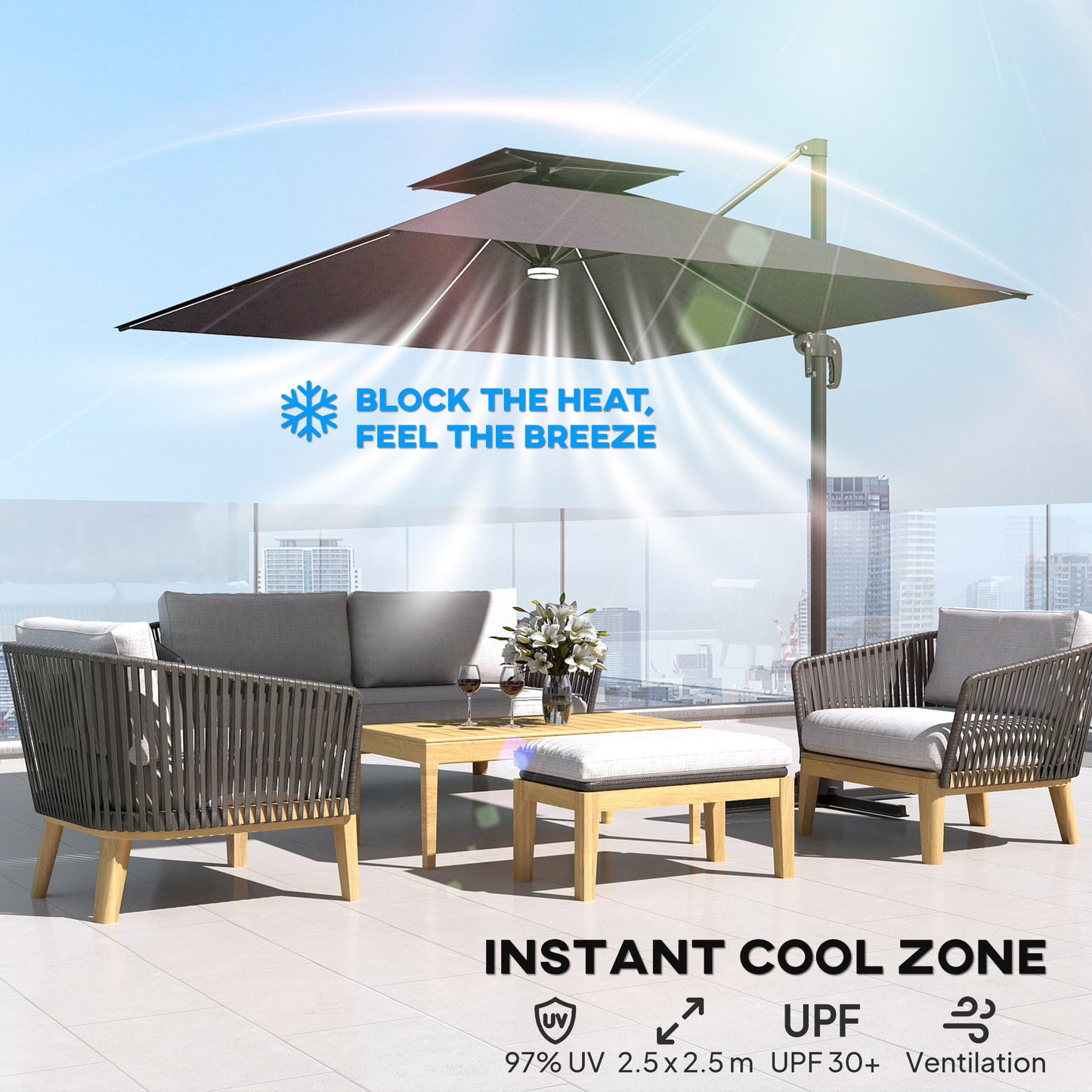 Outsunny 2.5m Cantilever Parasol With Solar LED Lights 360 Degree Rotation Tilt Adjustment Crank Handle Dark Grey
