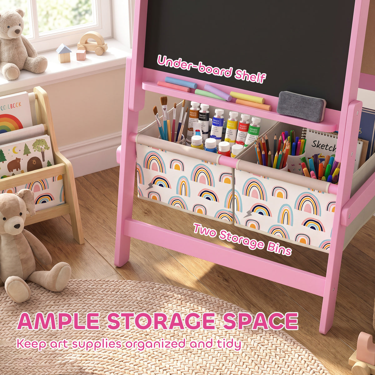 Pink kids art easel with under-board shelf and two front storage bins
