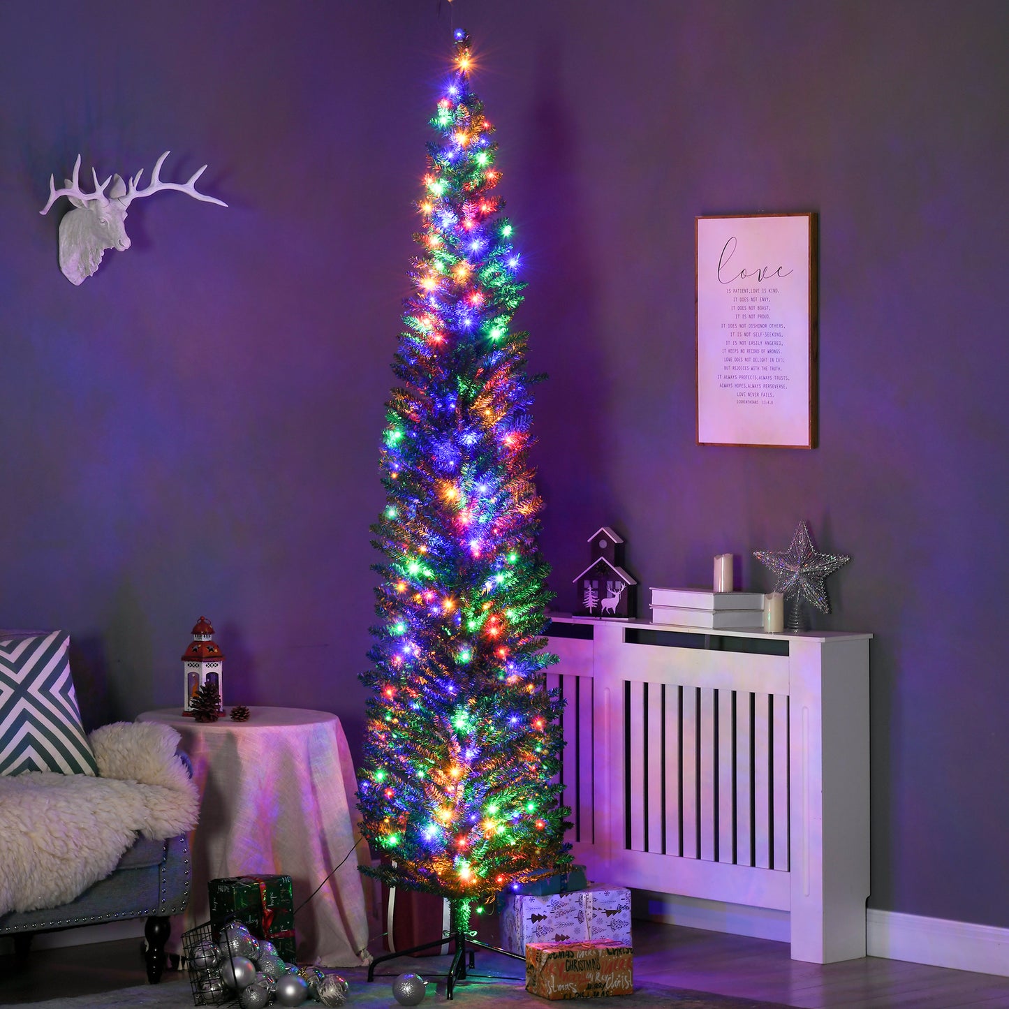 HOMCOM 7.5' LED Prelit Pencil Christmas Tree with Steel Base and Colorful Lights for Festive Decor - ALL4U RETAILER LTD