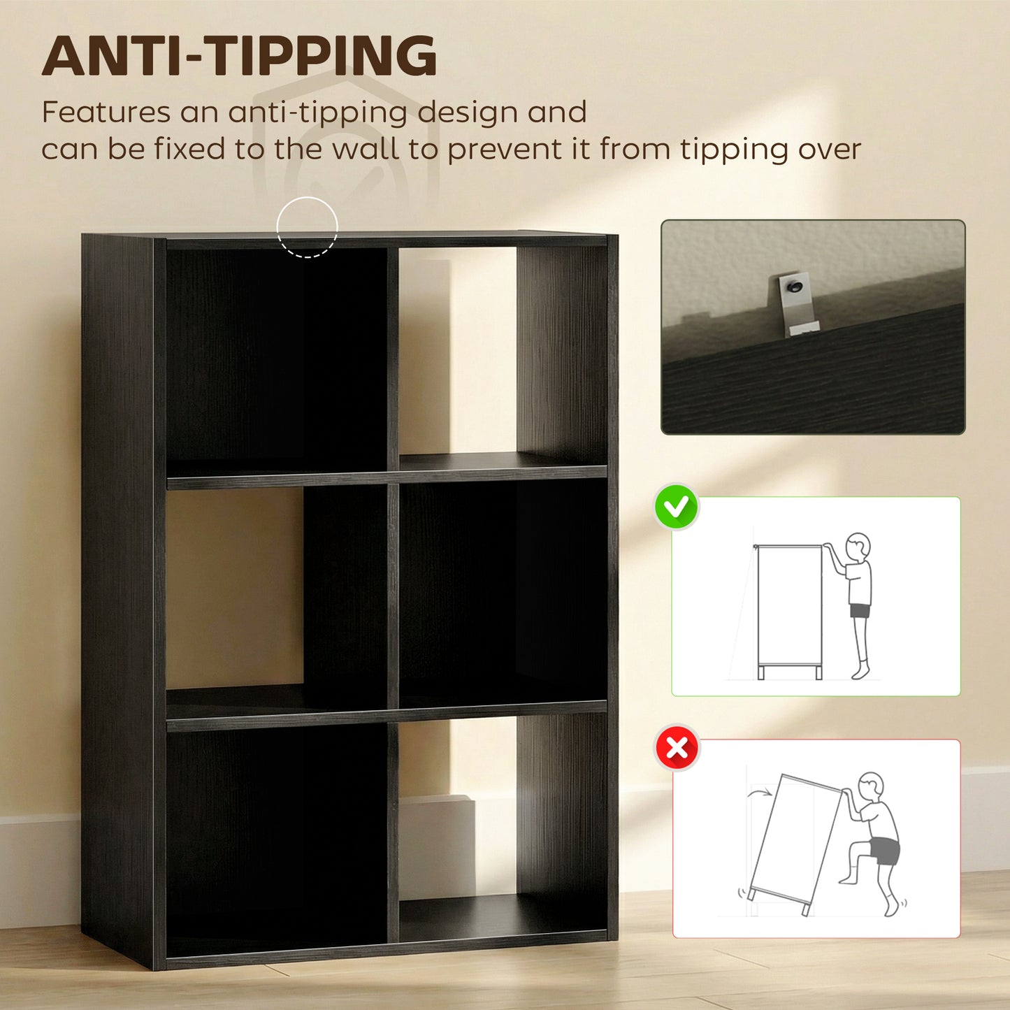 HOMCOM Industrial Style Storage Shelf Bookcase With 6 Compartments For Living Room And Home Study Black Wood Effect