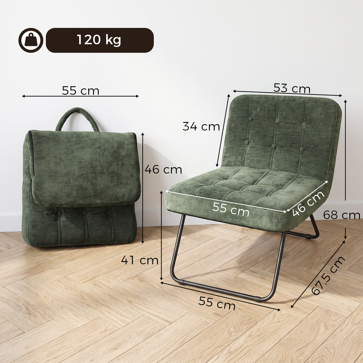 Foldable dark green accent chair dimensions shown; max 120 kg load, black metal frame
